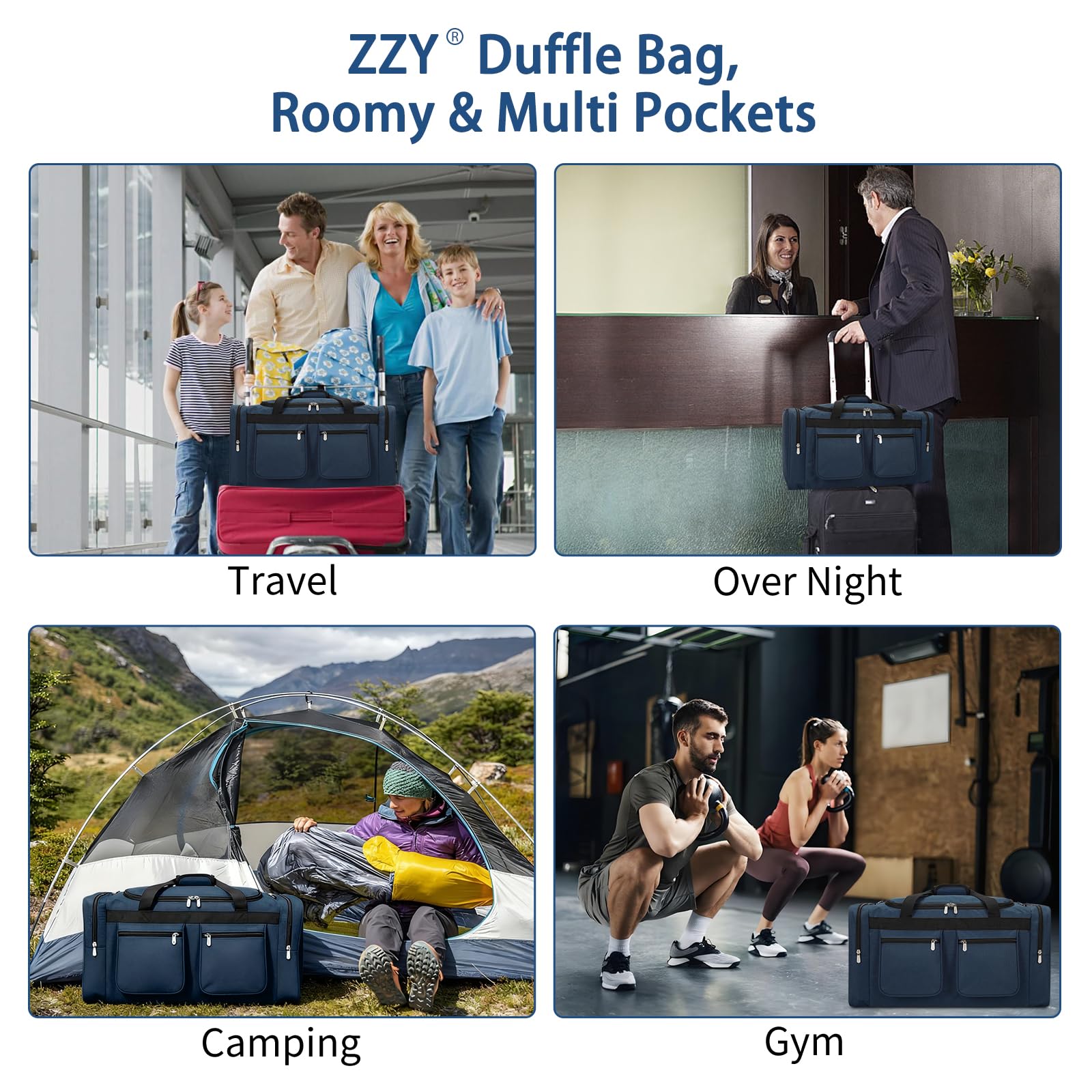 ZZY Sac de Sport 55L Grand pour Homme – Sac de Week-End Imperméable avec 2 Poches Latérales pour Fitness, Salle de Sport, Sauna, Voyages & Nuitées (Bleu Marine)