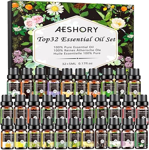 Juego de aceites esenciales Kit de aceites esenciales de aromaterapia puros de 32 x 0.2fl oz para difusor, humidificador, aromaterapia, masaje,