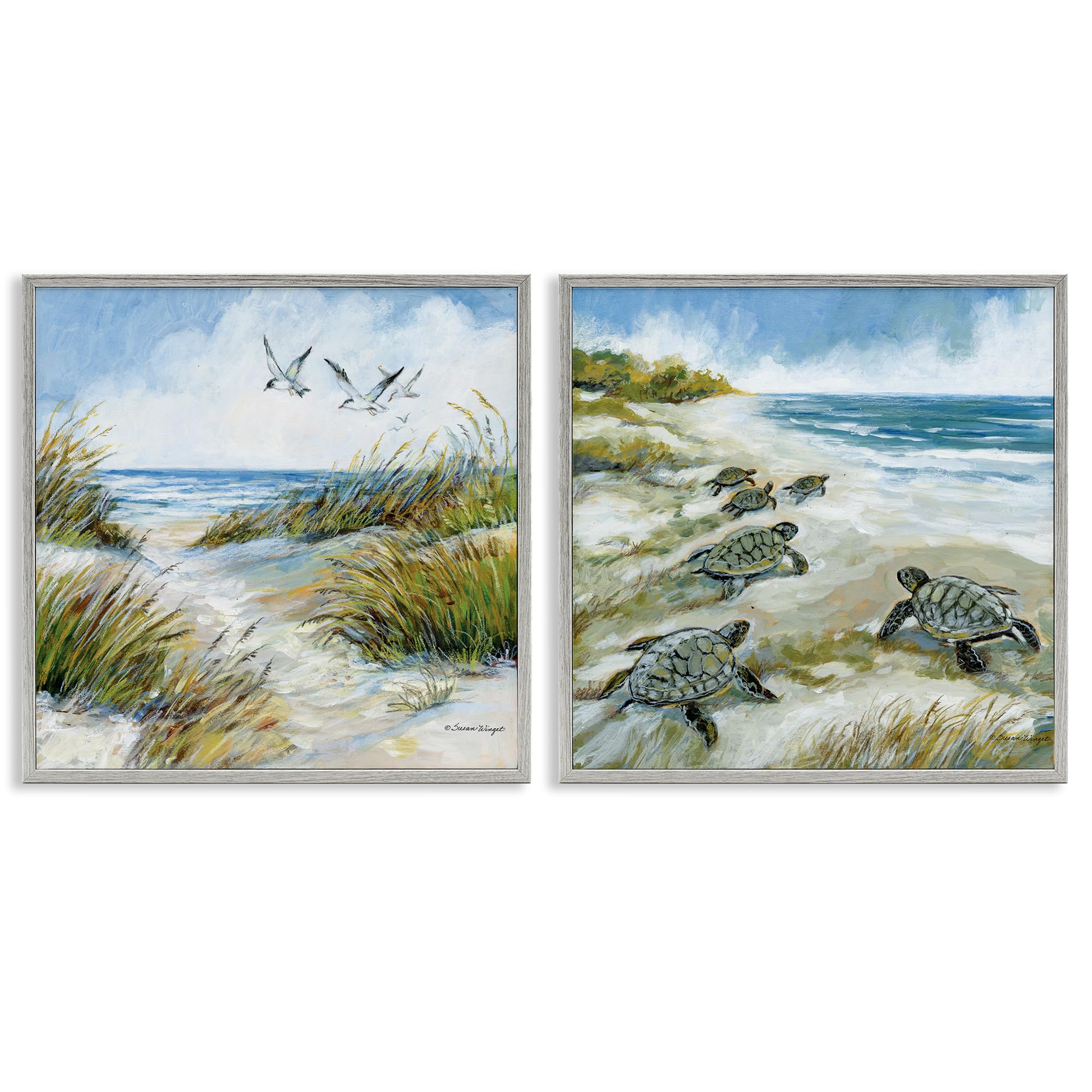 Stupell Industries Farmhouse Gray (Textured) 'Beach Creatures On Dunes', 2Pc Framed Giclee Art Set 2, Gray, 24 X 24 Inches, Easy To Hang And Sturdy, Made In Usa, By Susan Winget