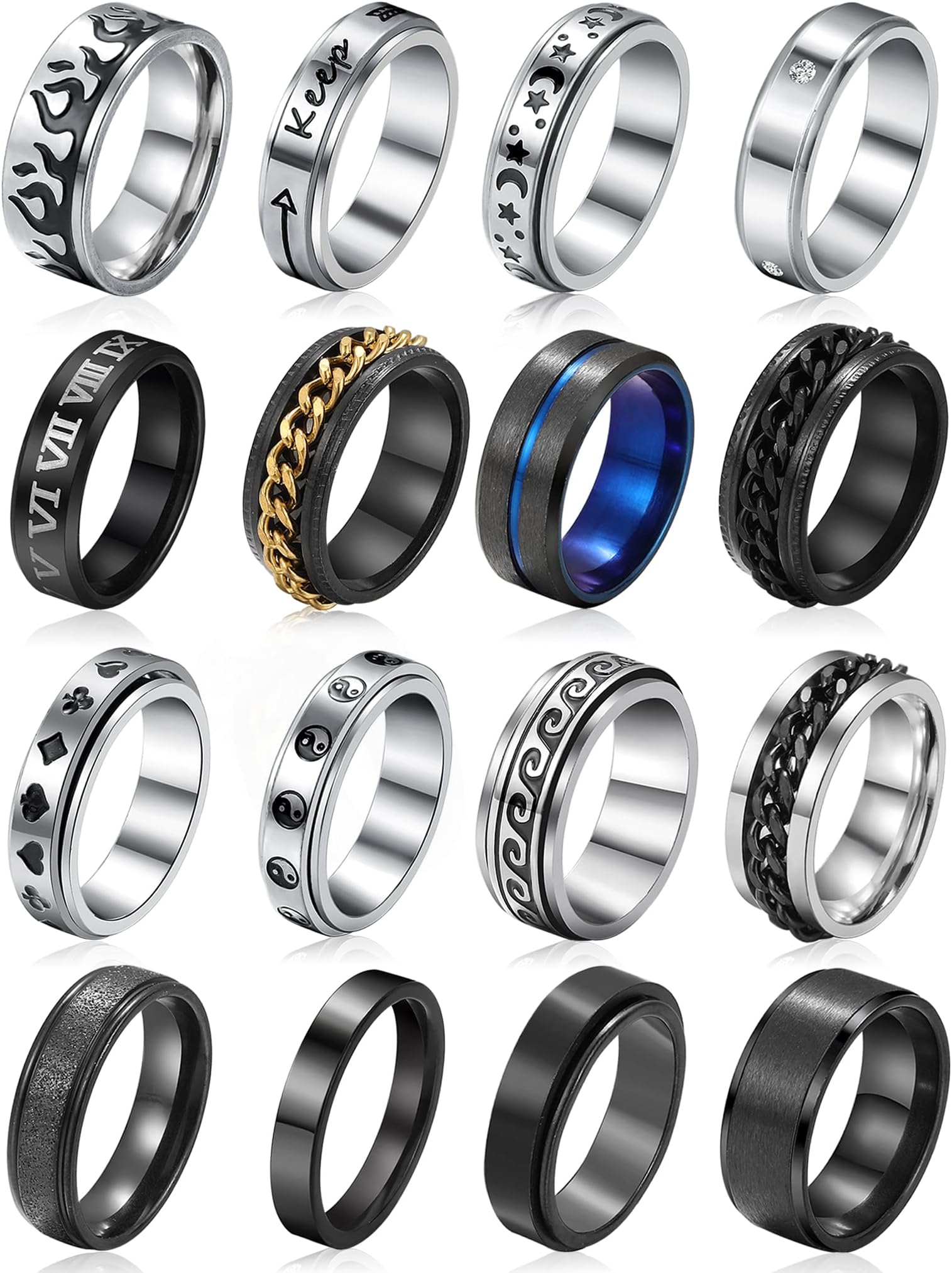 Stainless Steel Fidget Rings for Men, Sliver Fidget Rings for Women, Cool Spinner Ring Set, Black Mens Wedding Band Ring Pack