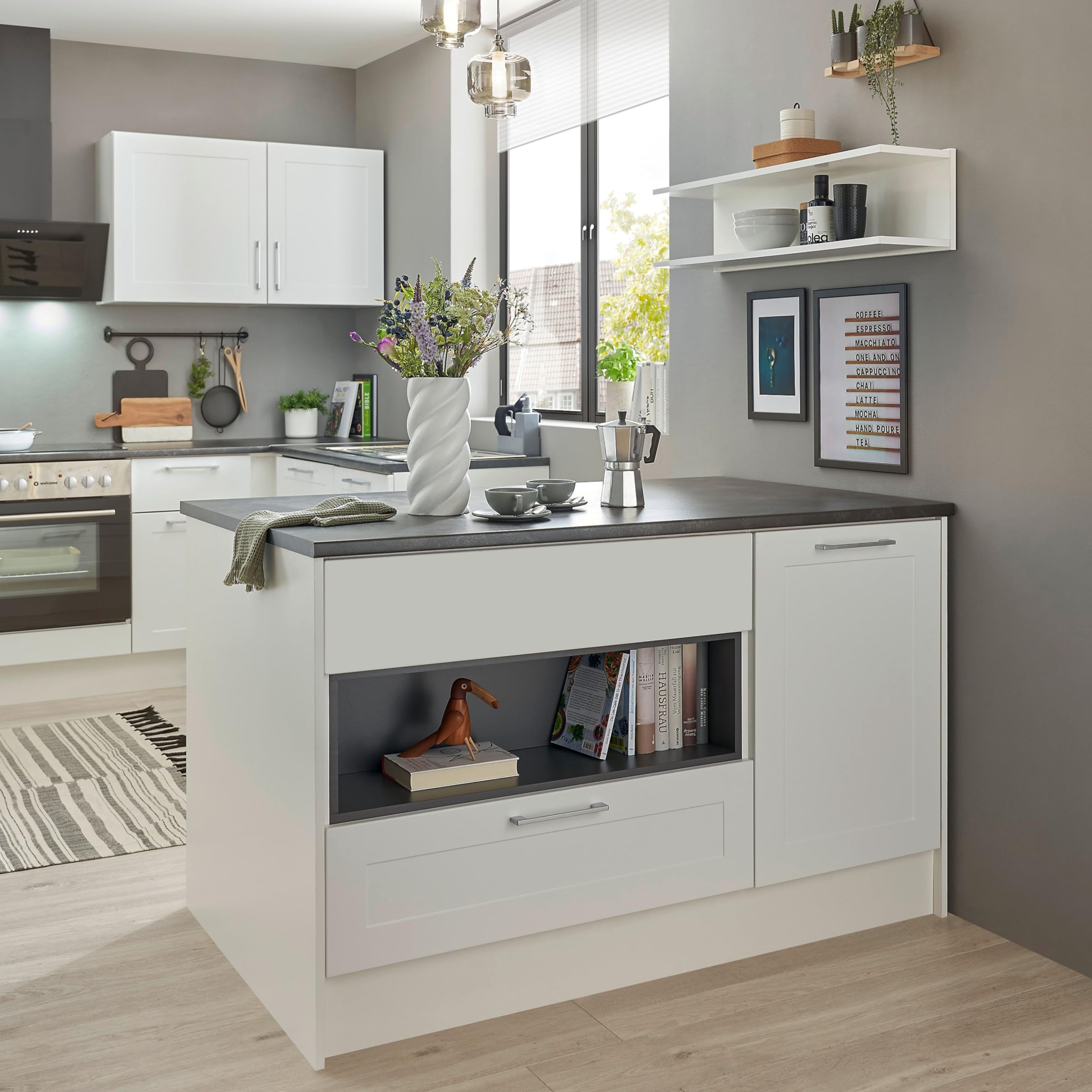 MARSEILLE Moderne Kücheninsel freistehend in Weiß, Metallic Braun - Geräumige Kochinsel mit Arbeitsplatte - 145 x 90 x 90 cm (B/H/T)