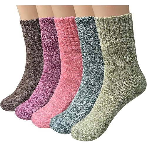 Loritta 5 Pairs Wool Socks for Women Stocking Stuffers Gifts Winter Warm Hiking Crew Boot Socks