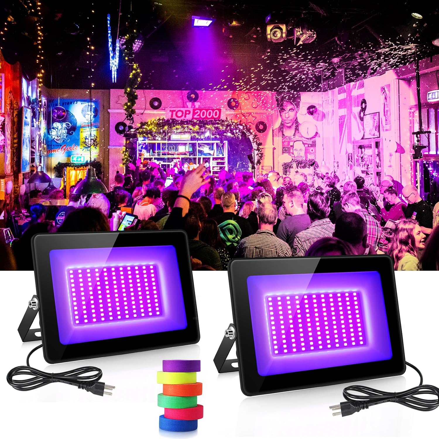2 Pack 60W UV Flood Black Light, IP67 Waterproof High Power LED Black Lights with Fluorescent Tape, 395nm-405nm Blacklight with 3.9ft Cable and Plug