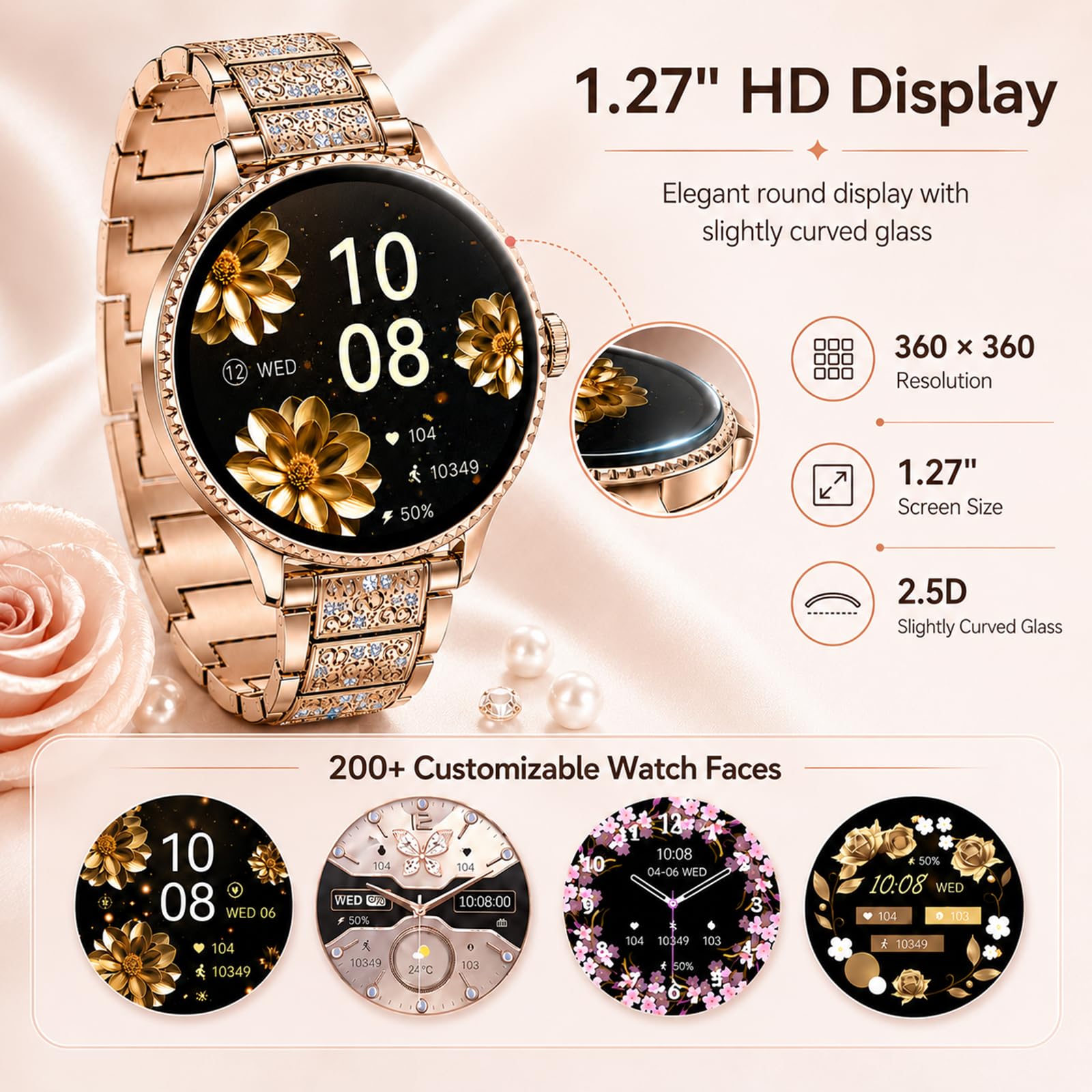 Reloj Inteligente Mujer 1,27" Smartwatch Redondo con Llamadas Bluetooth, Frecuencia Cardíaca SpO2 Sueño, 120+ Modos Deportivos, IP68 Resistente al Agua, 2 Correas, Compatible con Android iOS, Oro Rosa