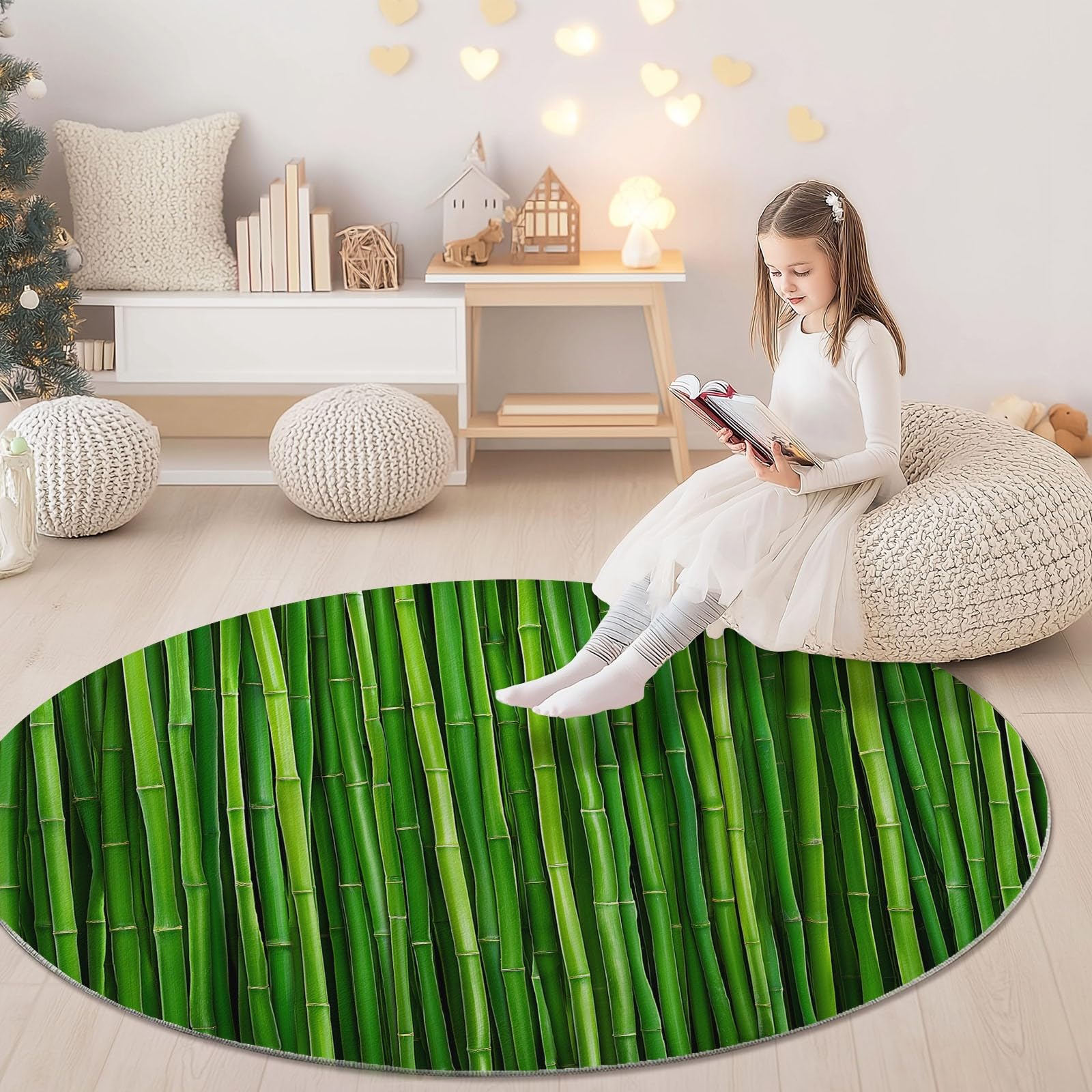 Tappeto Rotondo 120 cm, Morbido, Lavabile, Verde, con Stampa di Piante e bambù, Antiscivolo, Leggero, Ideale per Soggiorno, Sala da Pranzo, Cucina, Camera da Letto e Ingresso.