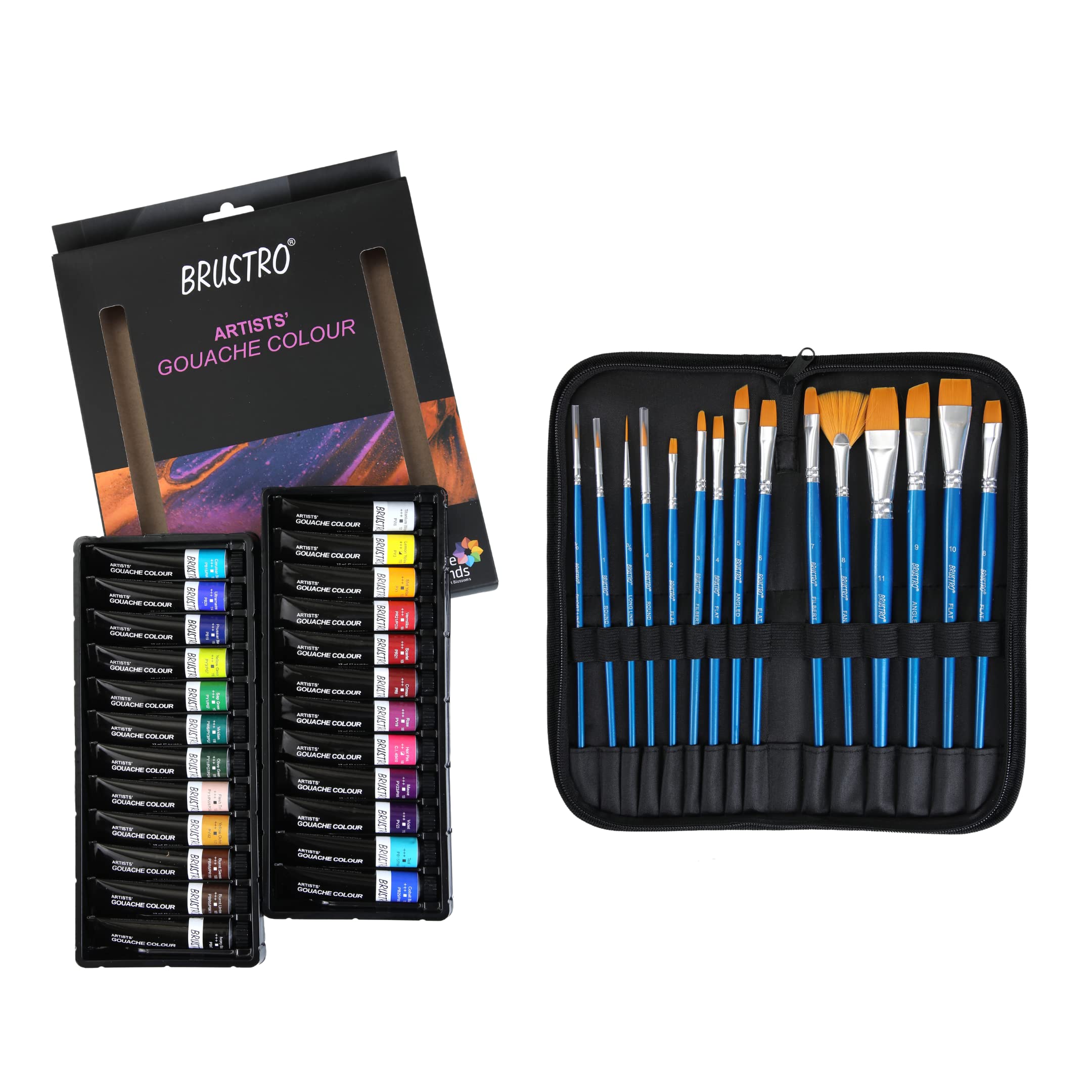BRUSTRO Artists Gouache Colour Set of 24 (12ML Tubes Each) + Synthetic Brush Set of 15