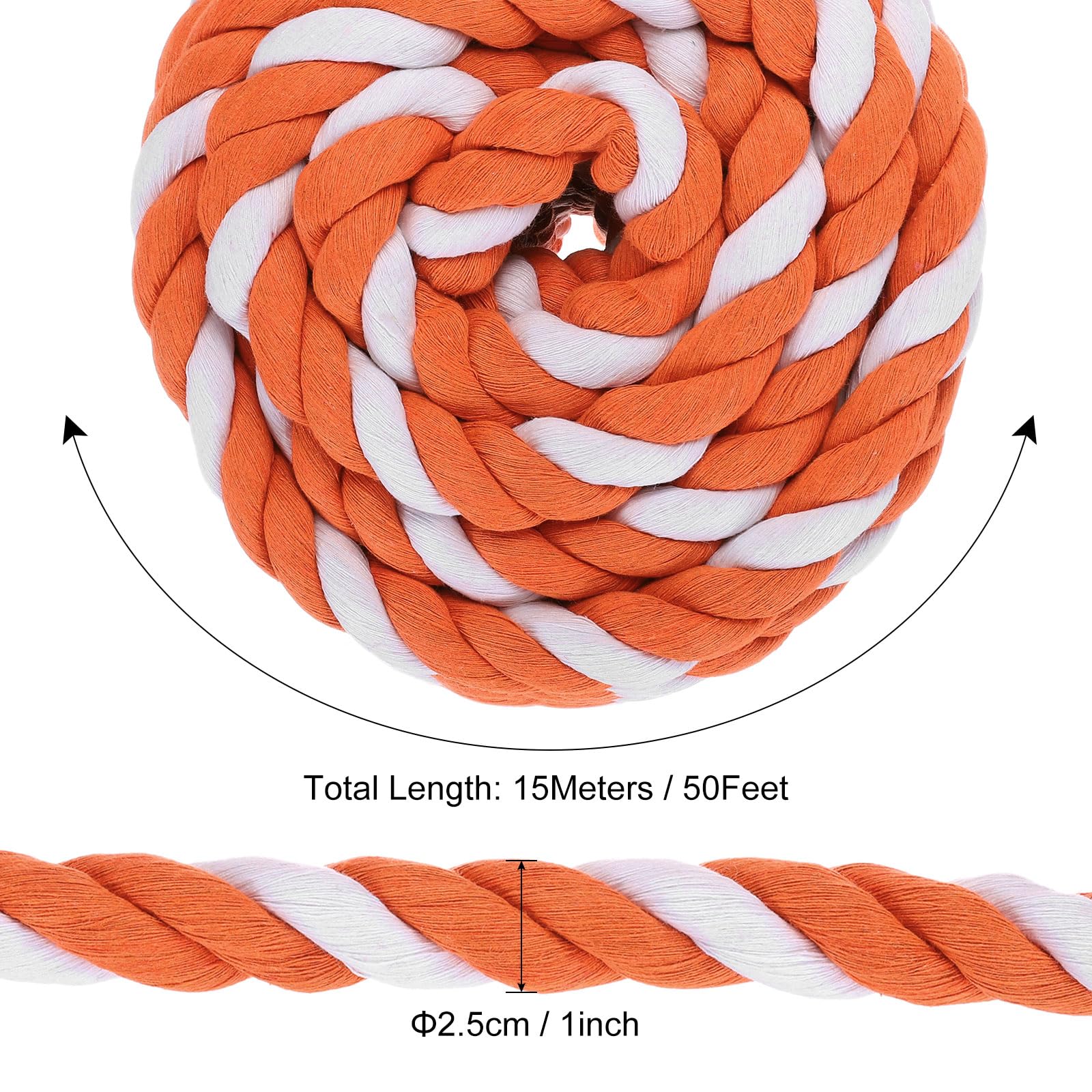 PATIKIL 1 Inch x 50 Feet Natural Twisted Cotton Rope 3 Strand Strong Thick Cotton Rope Tug of War Rope for Railings Crafts Games Home Decor Orange White - Image 2
