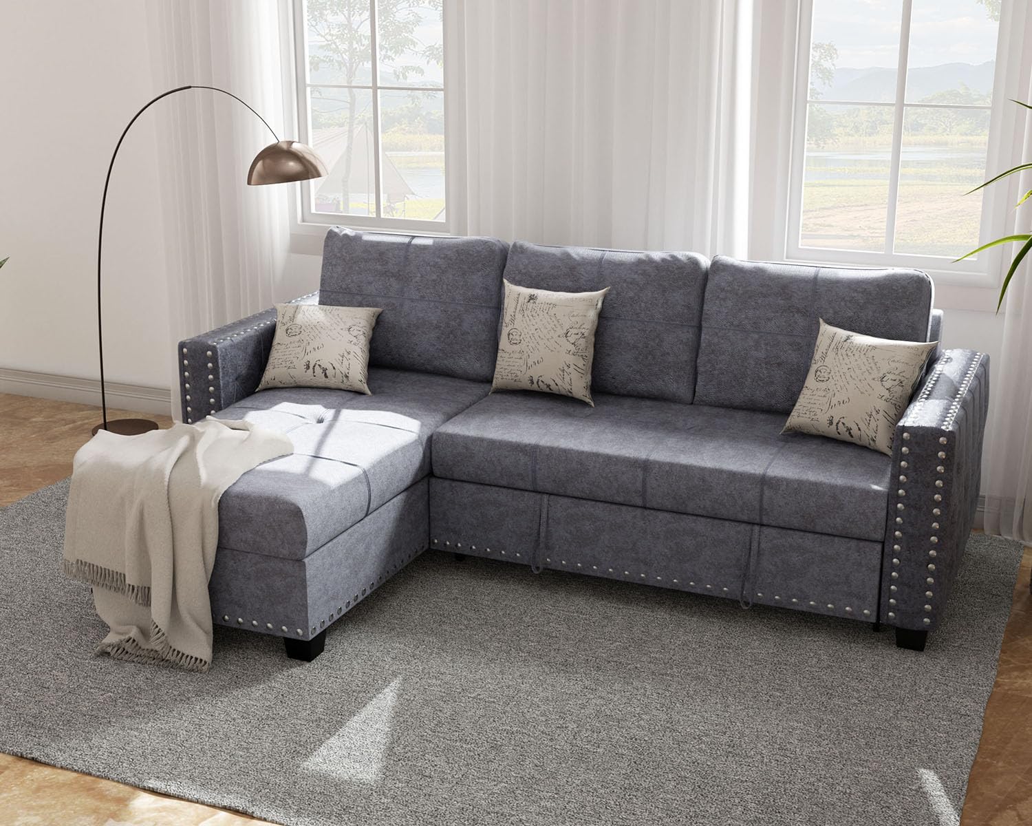 Ucloveria Sectional Sofa Couch, 91" Sleeper Sofa Bed with Reversible Storage Chaise Pull Out Couch Bed for Living Room L-Shape Lounge 2 in 1 Sectional Couch with Pull Out Bed, Delta Gray (Box 3 of 3 Only) 