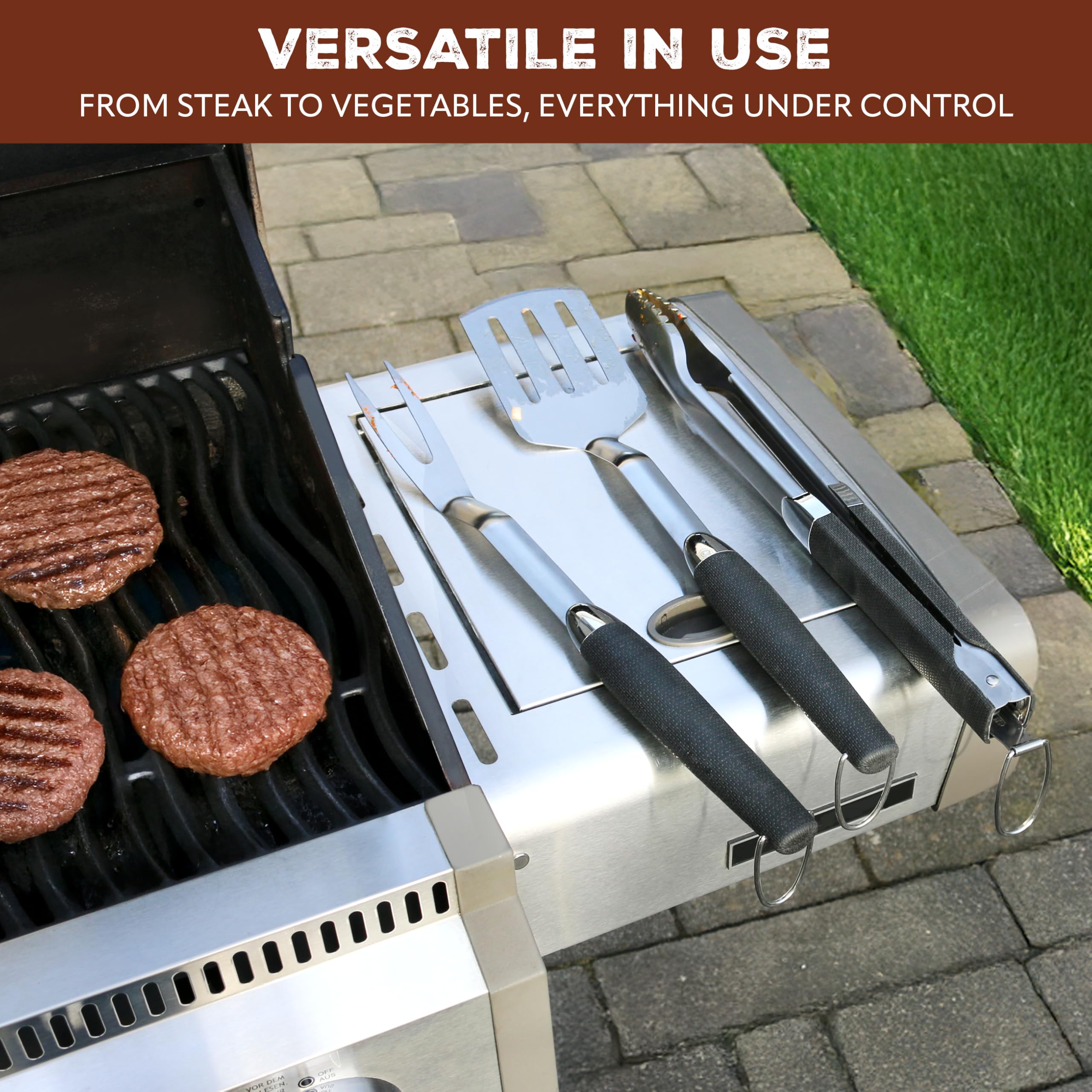 bremermann Set di posate per barbecue, 3 pezzi, pinza, paletta, forchetta per carne, accessori per barbecue in acciaio inox con impugnatura morbida