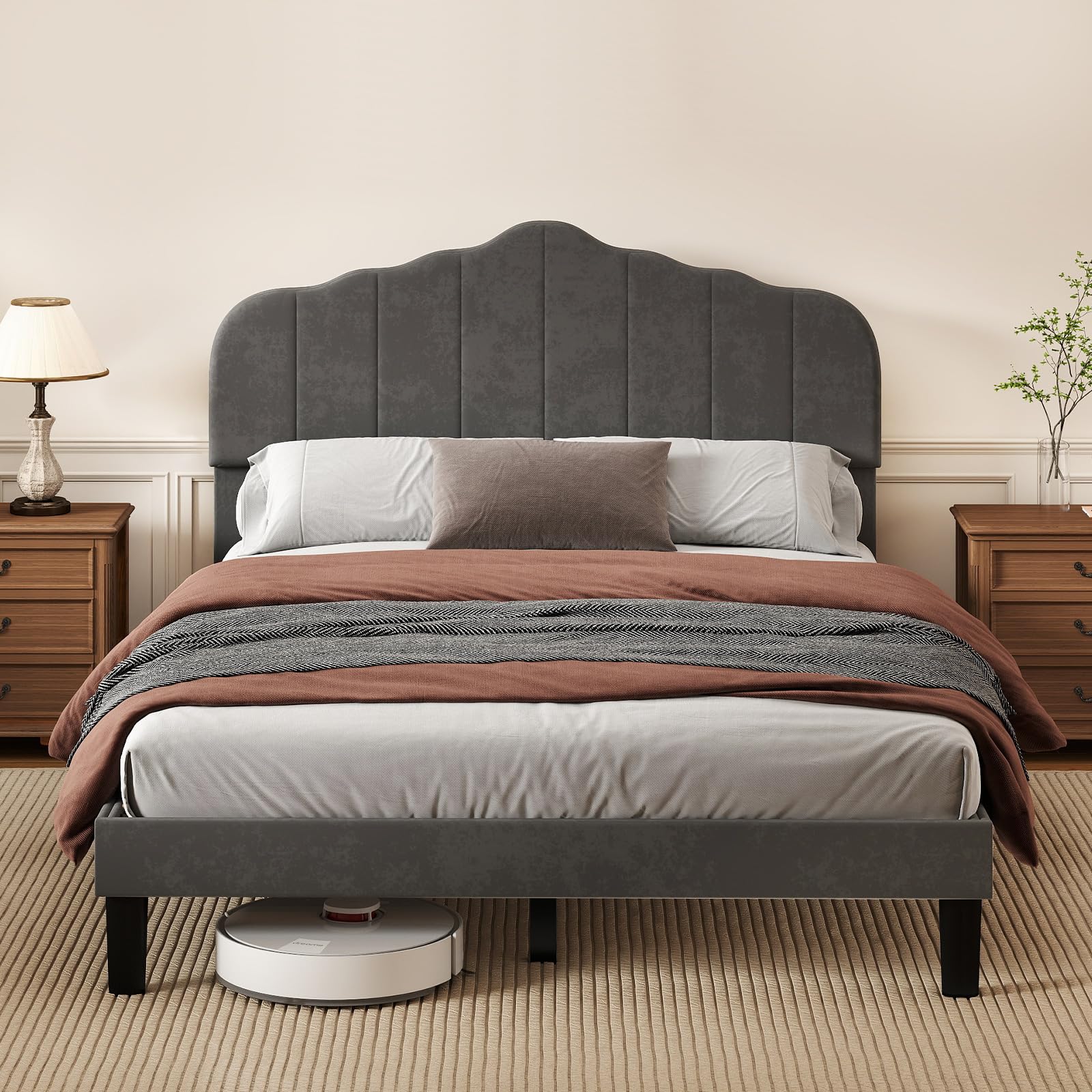 Levede King Bed Frame with Headboard, Upholstered Platform Bed, Sturdy Wooden Slat Support, Easy Assembly, No Box Spring Needed, Dark Grey, 150x200cm — image 1