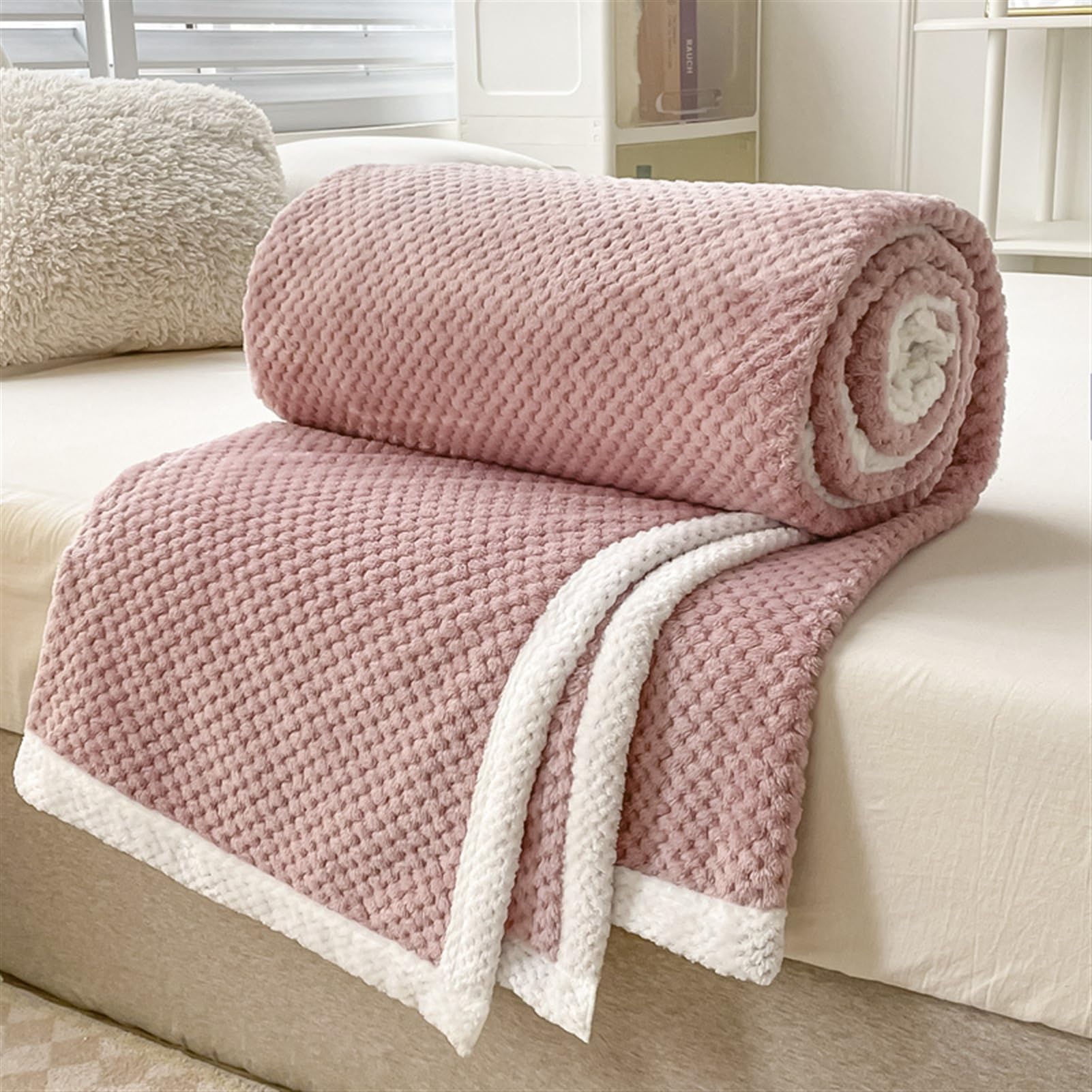 Mantas para Sofá Tacto Suave y Cálido Manta Sofa o Mantas para Cama Ligeras Mantas para Cama de Reversible 200 x 230 cm, Rosa