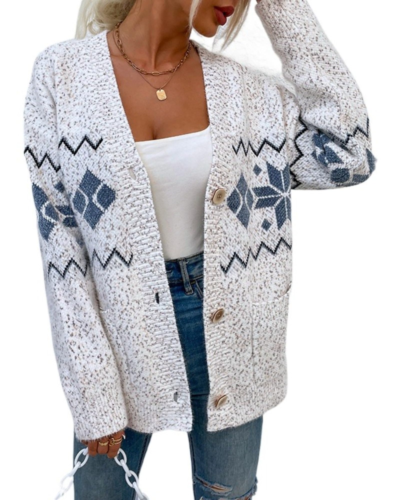 Women Christmas Sweater Fall Winter Fair Isle Snowflake Knit Button Up Long Sleeve Cardigan Winter Holiday Outfit