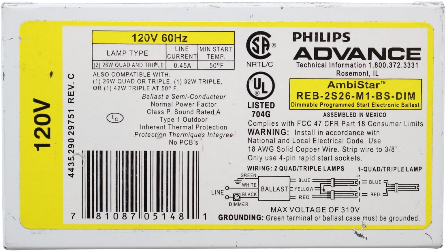 Advance REB-2S26-M1-BS Dimmable Electronic CFL Fluorescent Ballast, 26W, 2 Lamp
