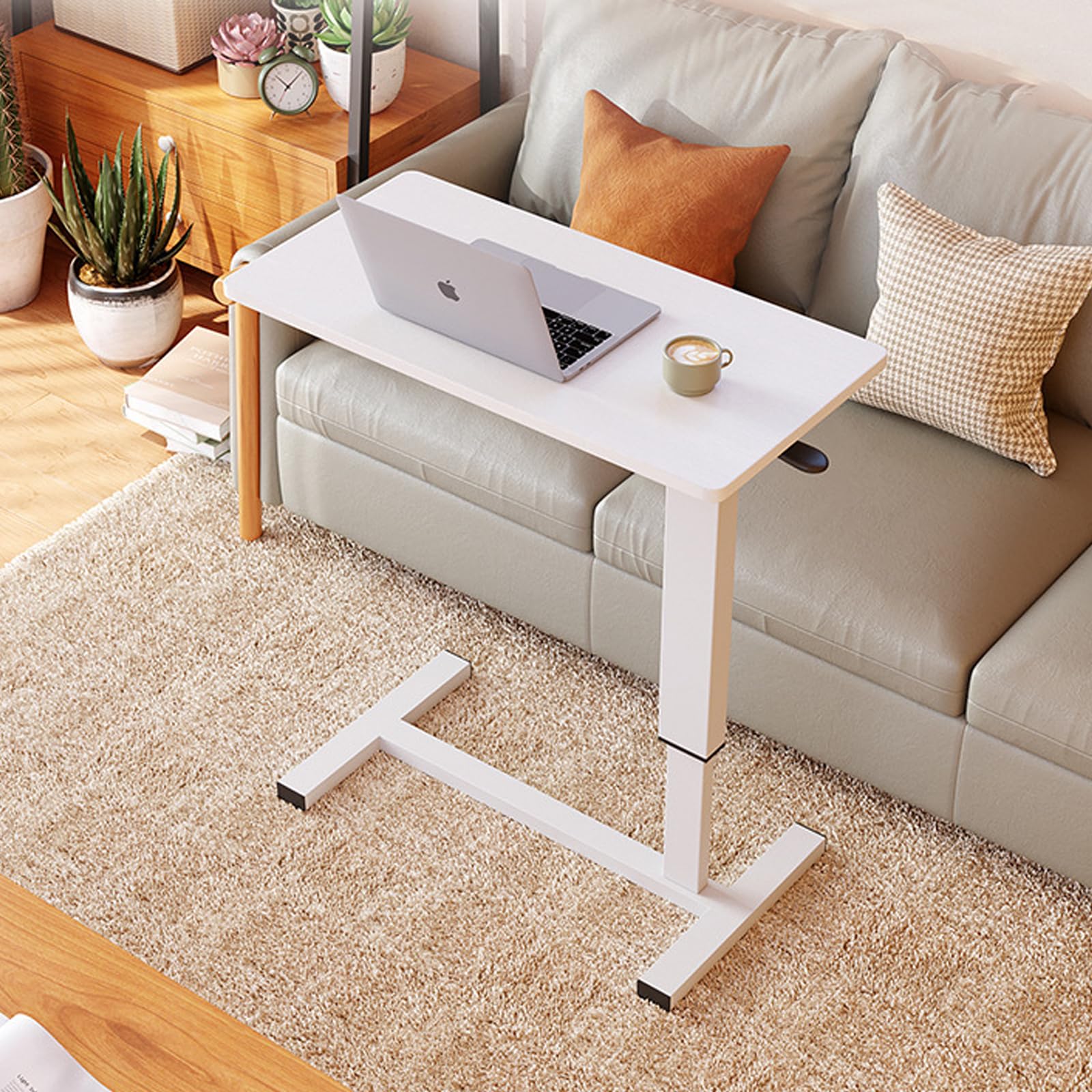 Overbed Bedside Table with Pneumatic Lifting and Rotating Laptop Desk - Adjustable C-Shape Side Table with Wheels, Movable Sofa Side Stand for Sit-Stand Use, Mobile Standing Desk