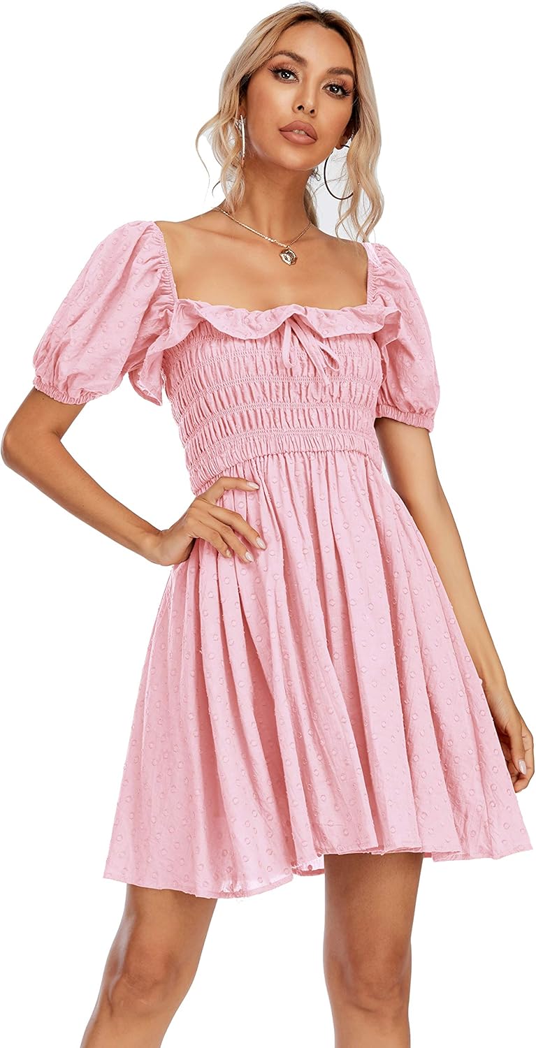 R.Vivimos Women's Summer Cotton Short Sleeve Square Neck Elastic Smocked Ruffle Floral Print Swing Mini Dress