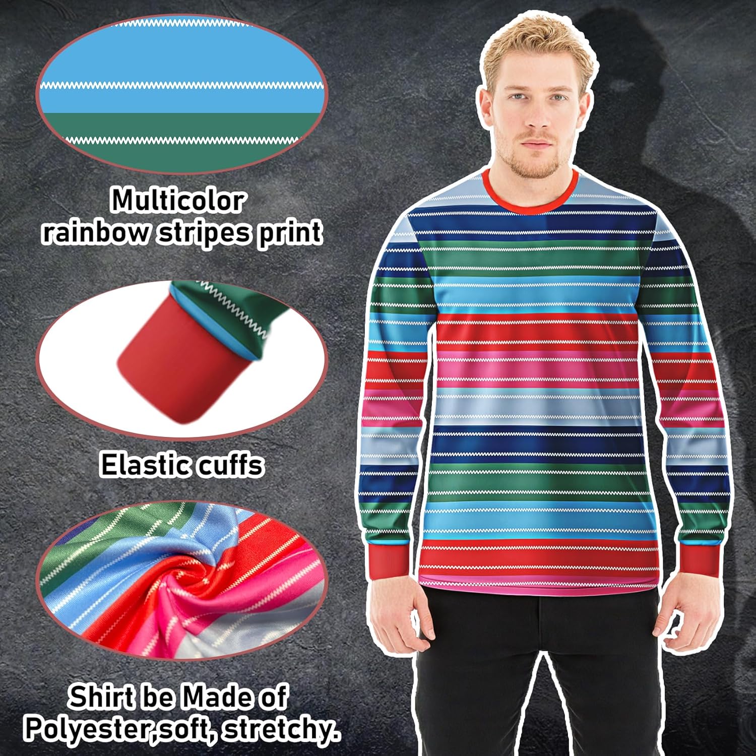 Halloween Costume for Men Horror Rainbow Striped Long Sleeve Shirt Tops Includes Tattoo Scars and Prop Knife for Cosplay