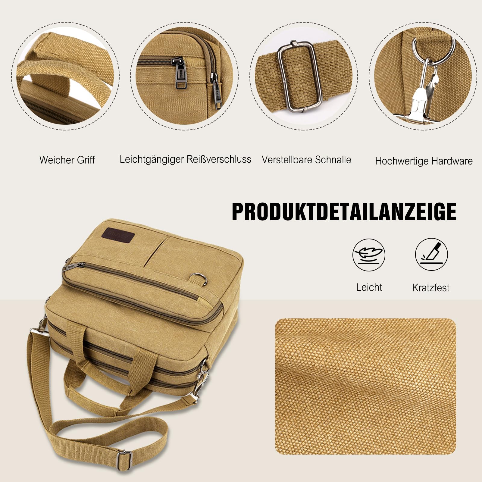 FANDARE Retro Aktentasche Herren Canvas Büro-Tasche Umhängetasche für 12,9-Zoll-Laptops Dokumententasche Mappe mit mehreren Fächern für Reisen Beruf Berufstätige & Geschäftsleute Messenger Bag