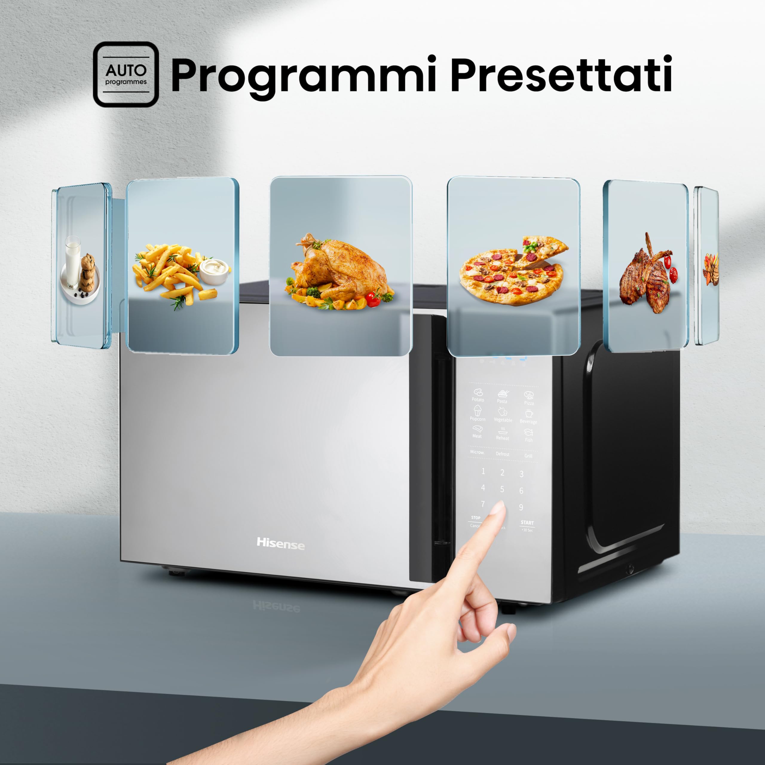 Hisense, H20MOMBS4HG, Microonde 20L, apertura porta a sinistra, display LED con pulsanti, 9 funzioni,700W, grill tubolare, colore specchio