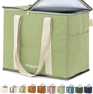 Reusable Insulated Grocery Bag - Leak Proof, X Large Insulated Cooler Bag - Insulated Shopping Bags for Groceries - Travel Cooler Bag for Frozen and Hot Food with Zippered Top (Sage)
