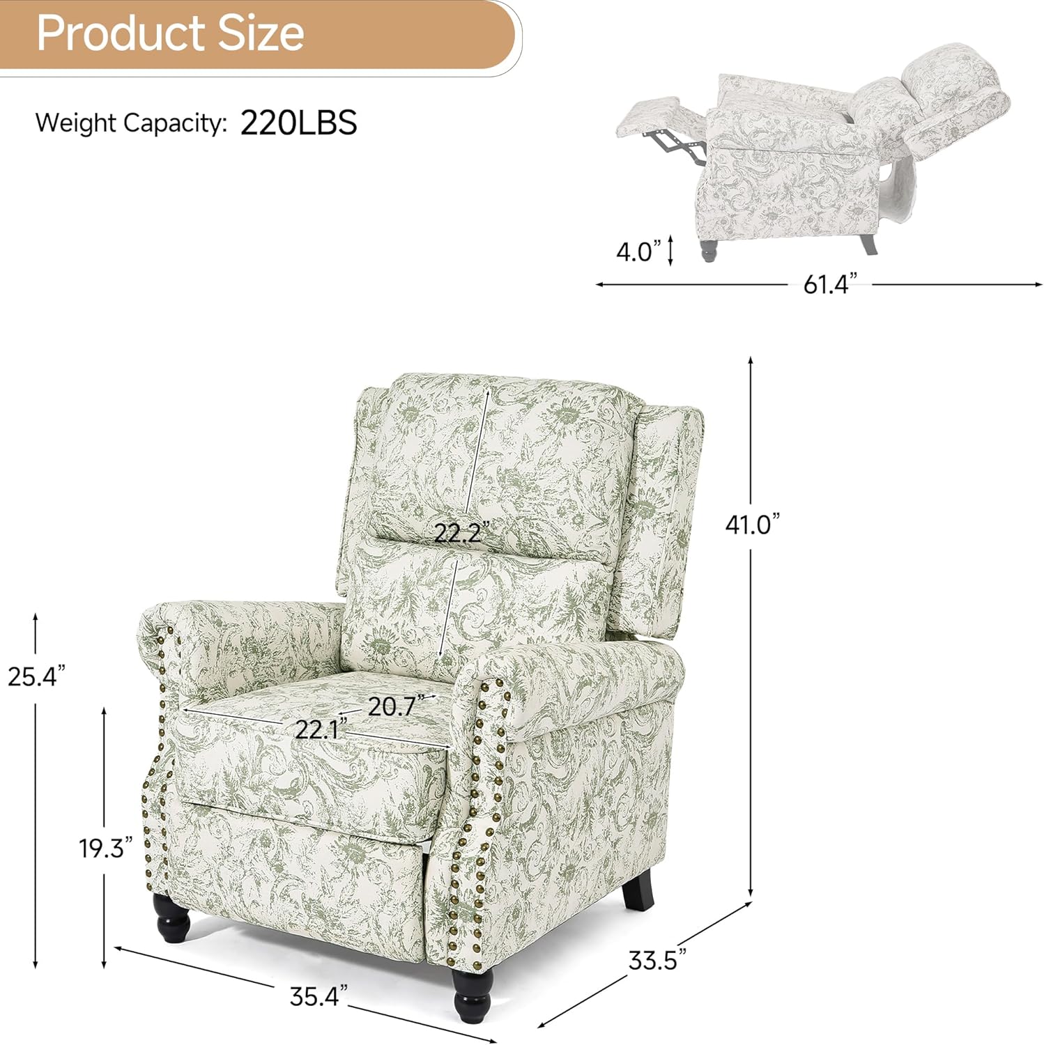 Pushback Recliner Chair, Striped Fabric Wingback Recliner Chair, Upholstered Push Back Armchair Recliner, Single Sofa with Trim Wood Legs for Living Room, Office (Rococo Green)