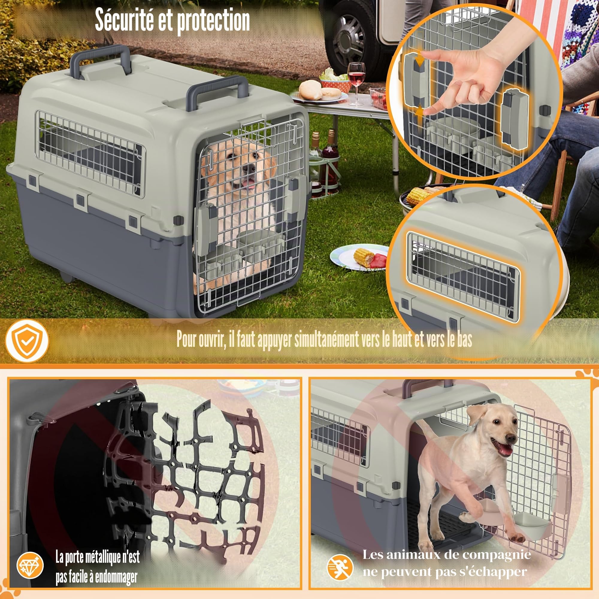 NAIZY Boîte de transport pour chien - 67 x 51 x 58,5 cm - Avec porte en métal et fentes d'aération - Charge maximale : 12,5 kg - Avec coussinets de pisson, gamelles et roulettes