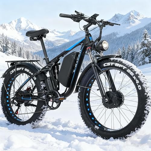 5000W Dual Motor Electric Bike for Adults, 52V 32AH, Up to 90Mile & 45MPH E-BikeAll-Terrain Fat Tires Full Suspension 24/26 Inch Electric Bicycles Hydraulic Disc Brakes for Snow & Wet Roads
