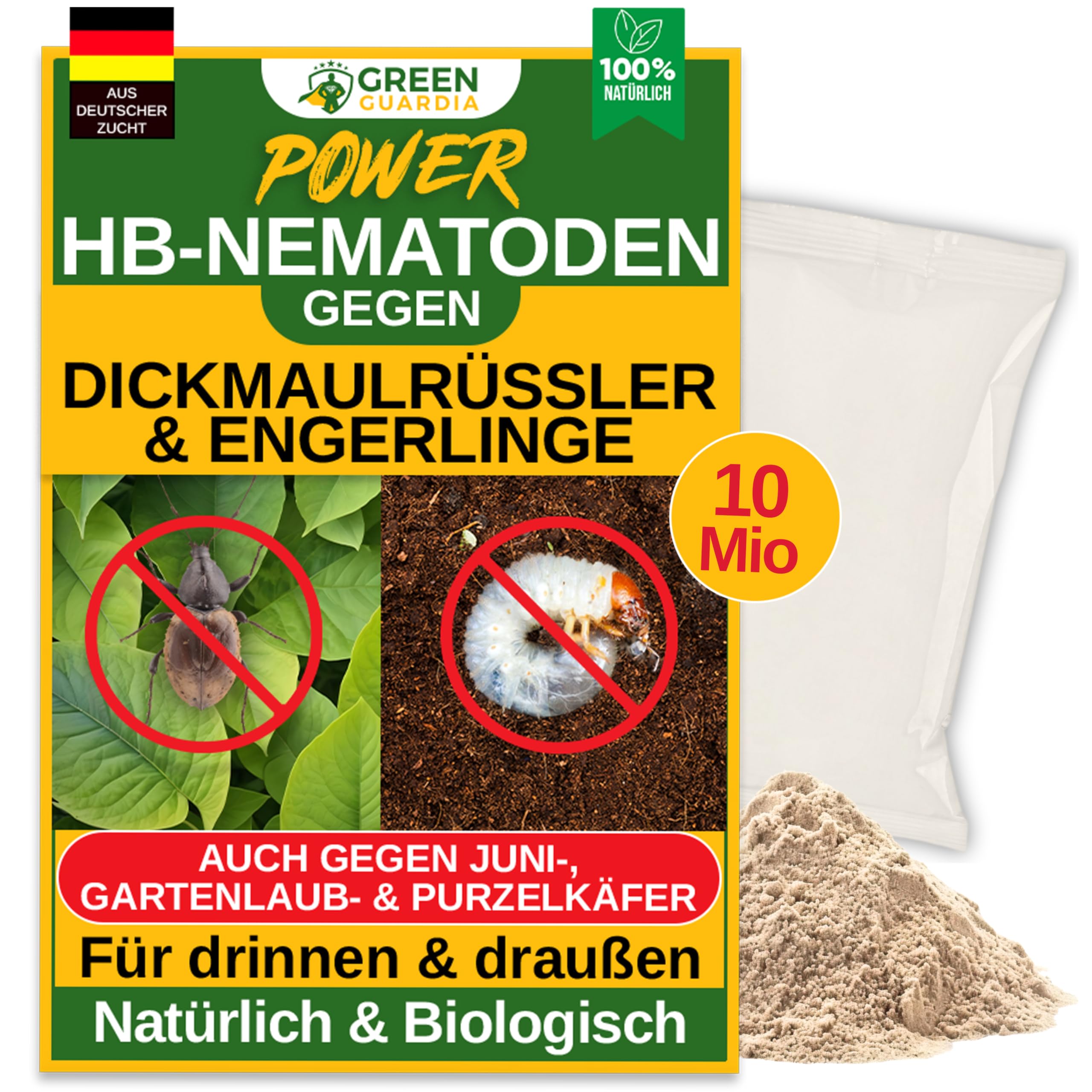 GREEN GUARDIA Power HB-Nematoden gegen Dickmaulrüssler & Engerlinge - 10 Mio. (20m²) - biologische Schädlingsbekämpfung, umweltfreundlich, chemiefrei.Einfach anzuwenden & Sicher für Mensch&Tier