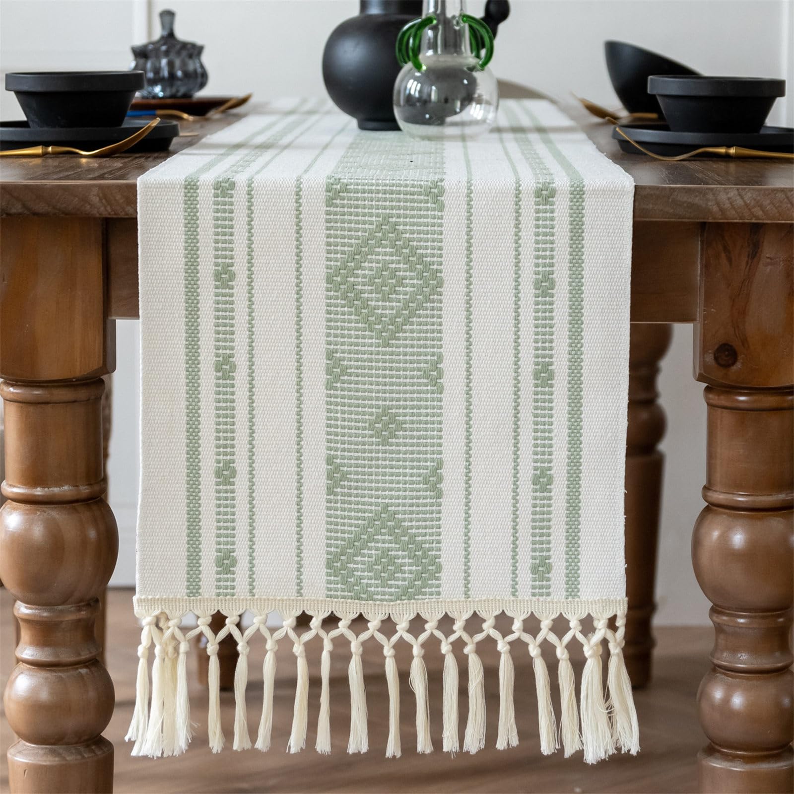 Runner da tavola natalizio in cotone intrecciato con nappe, rettangolare, 35 x 182 cm