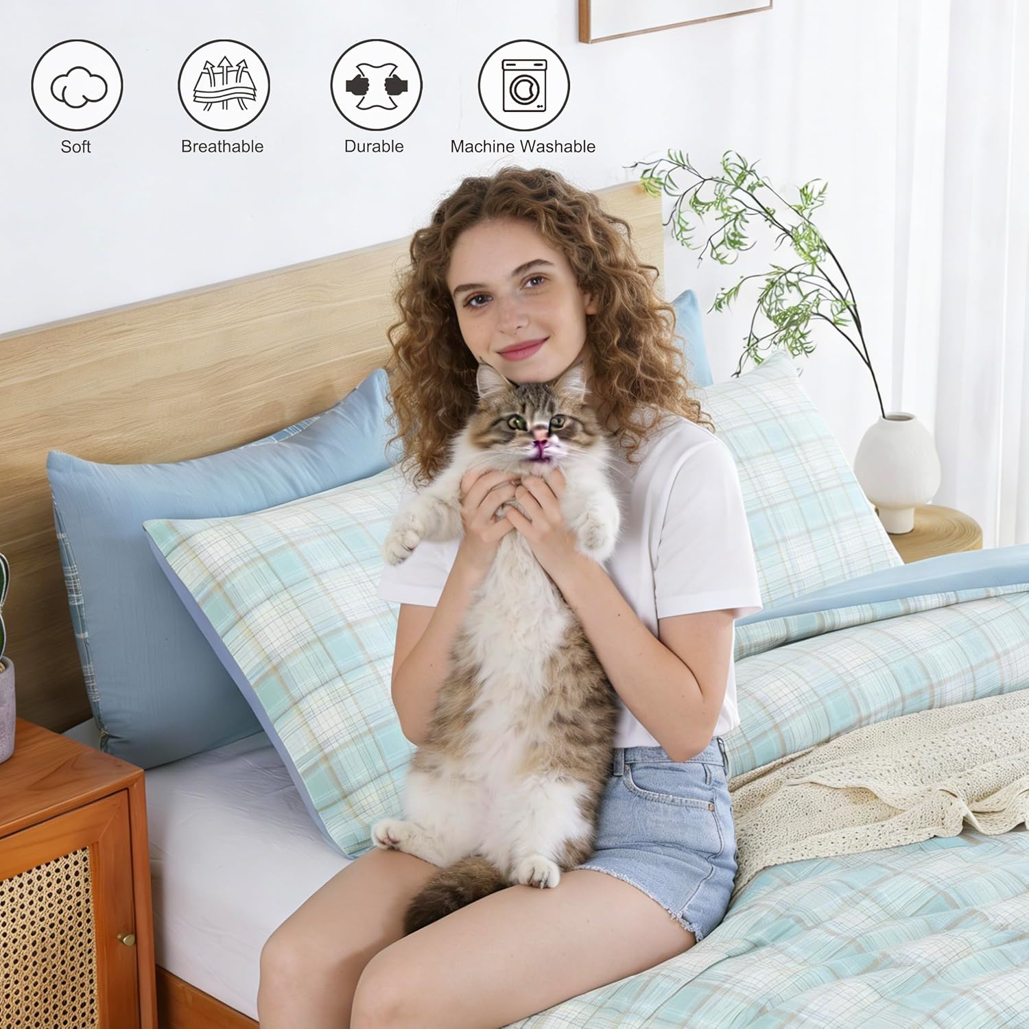 Oli Anderson Twin XL Comforter Set, 3 PCS Twin Boys Girls Plaid Bedding Comforter, Lightweight Bed in A Bag for College Dorm, Fluffy Grid Bedding Set with 2 Pillowcases for All Seasons - Image 4