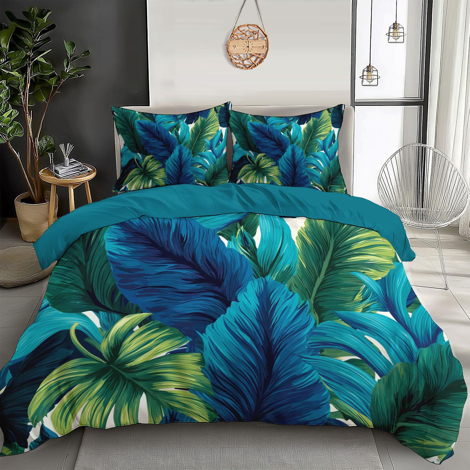 Housse de couette 240x260cm bleu-vert parure jungle 3 pièces microfibre