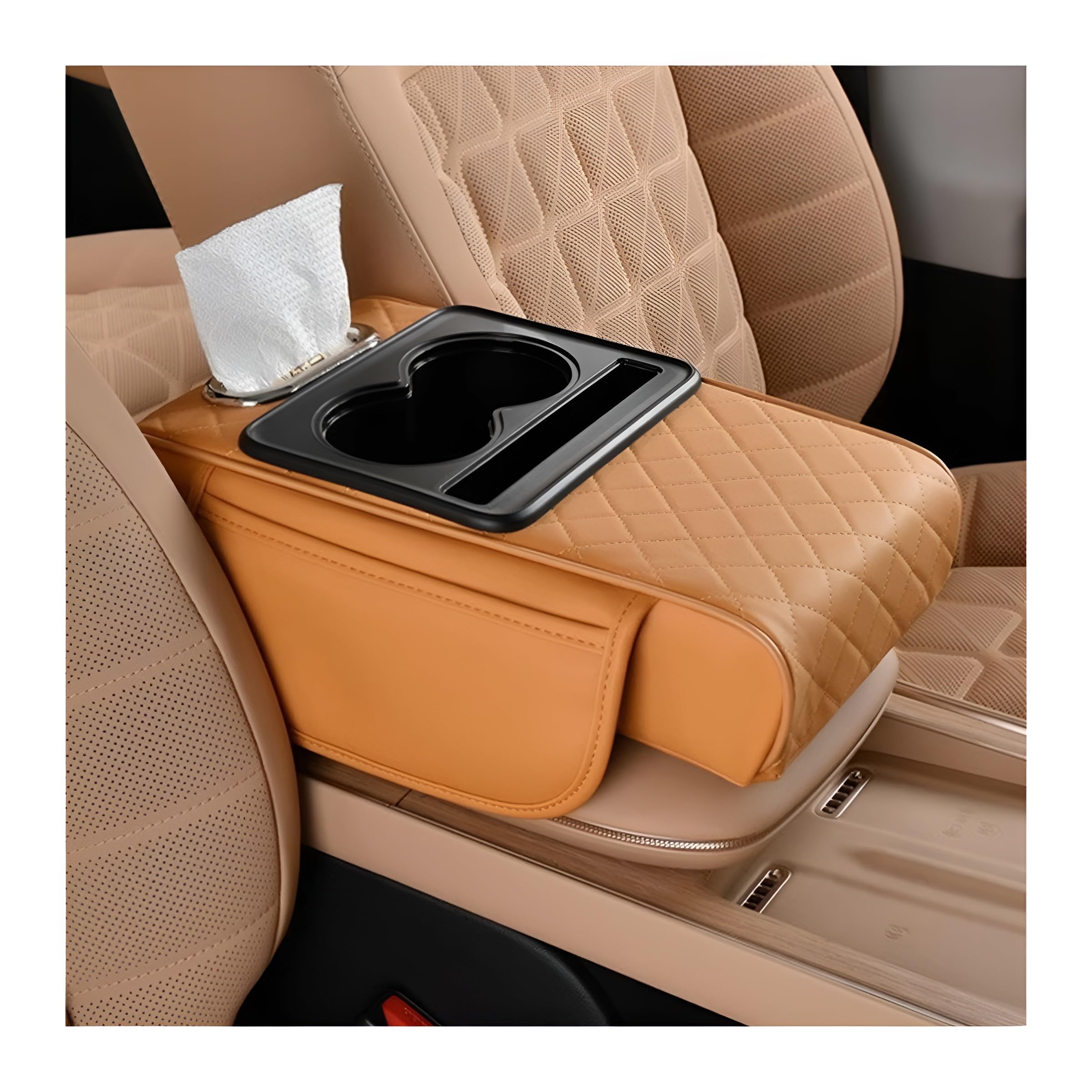 zpana 4 in 1 car center console armrest pillow, memory foam, orange | leather vehicle arm rest cover, with tissue box 2 side storage bag cup & phone holder, universal fit