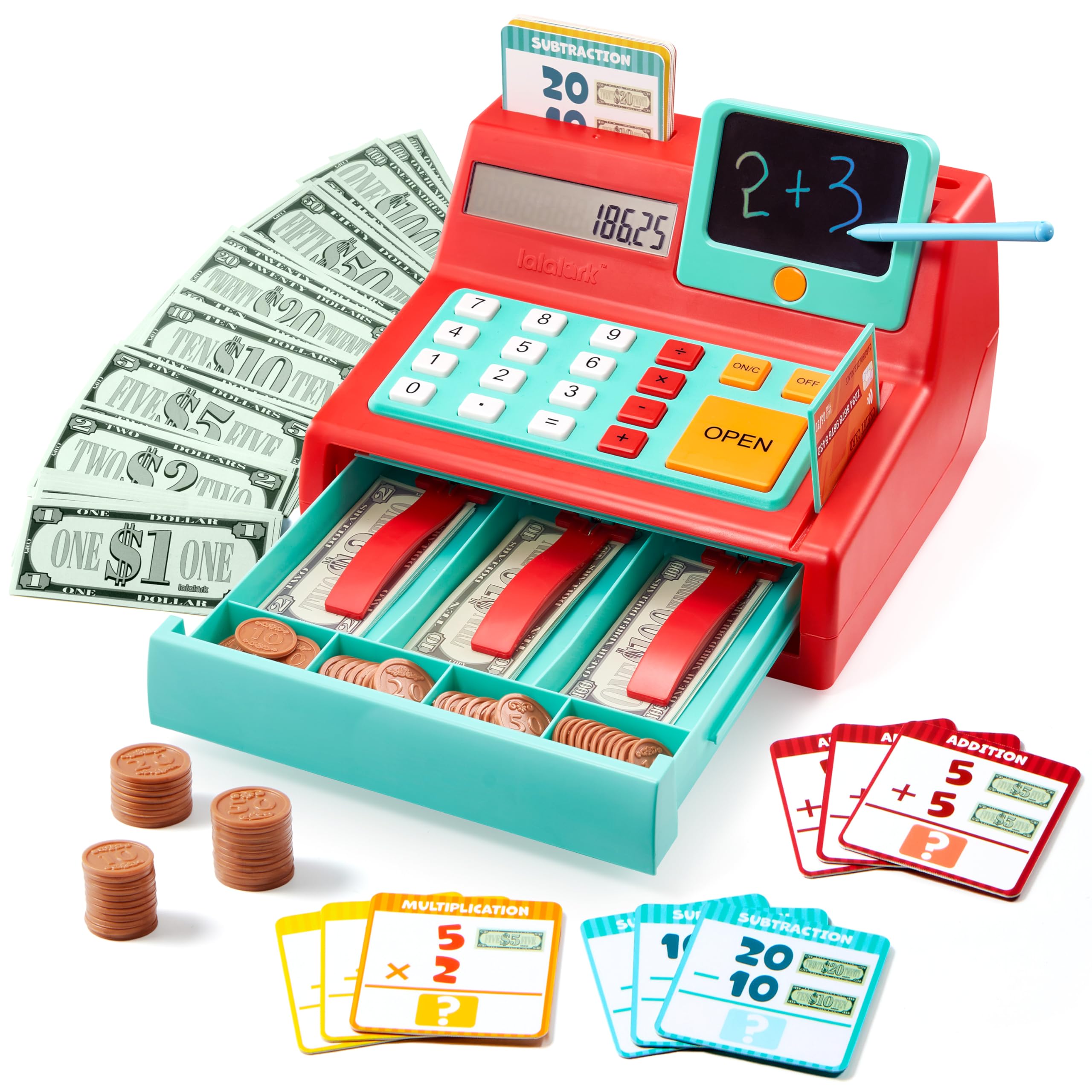 lalalark Cash Register Toy for Kids – Detachable Write & Erase Pad, Play Money, Credit Card, Grocery Store Playset, Preschool Activities, Educational