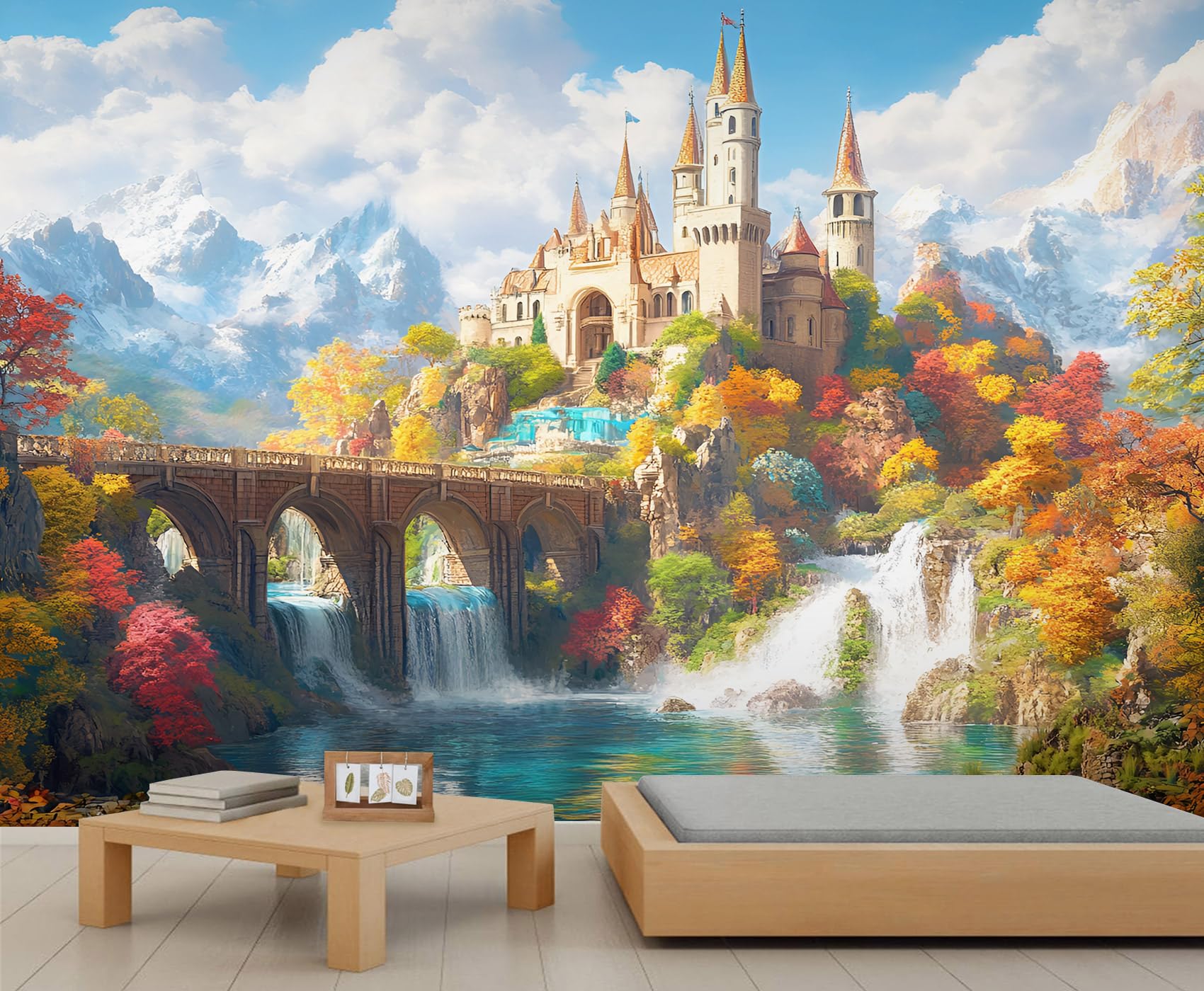 HYGIUID Castle Mural Fairytale Castle Wallpaper Dreamy Waterfall Wall Mural Giant Home Living Room Dining Room Wall Decor Poster (Non-self-Adhesive)