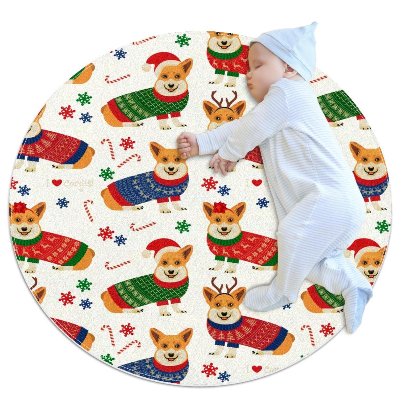 Tapis de sol circulaire antidérapant Noël Chien Amour Corgis tapis rond moderne 80cm