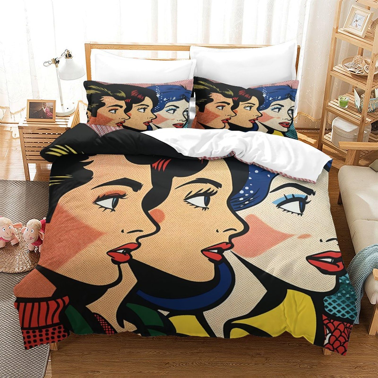 Set Copripiumino Coppia Pop Art 3D Stampato 3 Pezzi Microfibra Decorazione Camera da Letto Set Biancheria Letto Moderno per Giovani Adulti Regalo King（220x240cm）