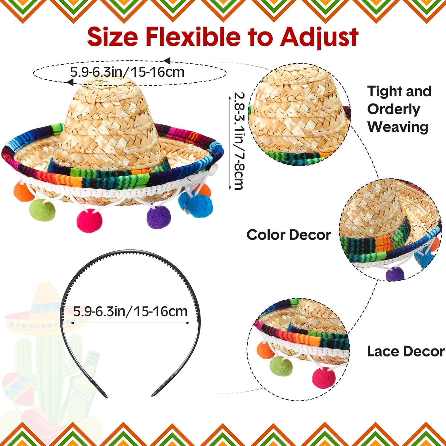 Mumufy 12 Pcs Cinco De Mayo Sombrero Headband Hats Bulk Mini Hat Headband with Fiesta Fabric Mexican Theme Decorations(Classic 2)