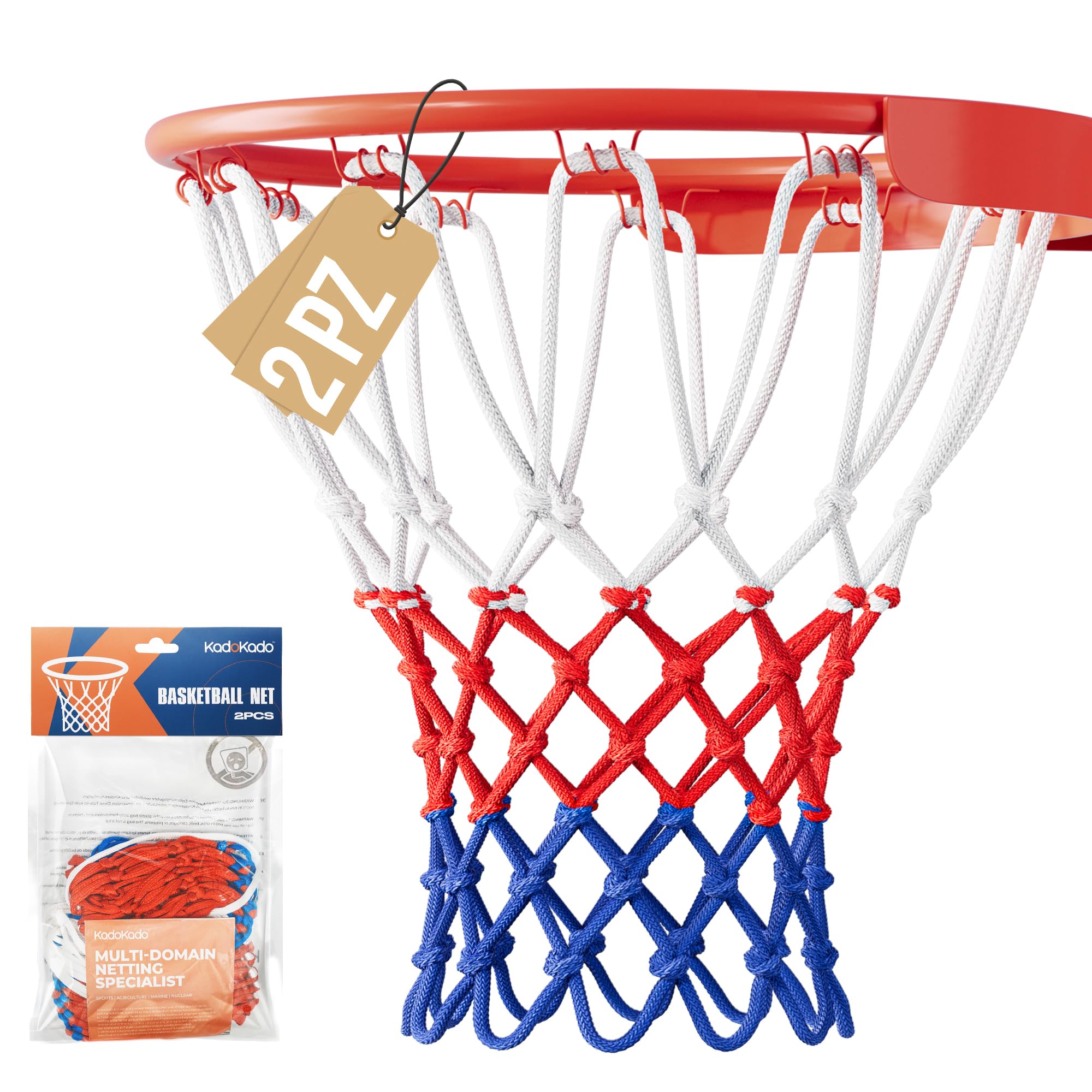2 pezzi Rete per Basket Professionale 150g, Rete Resistente per Canestro Esterno, Anti Aggrovigliamento, Facile da Installare 12 Ganci, Colori Bianco Rosso Blu