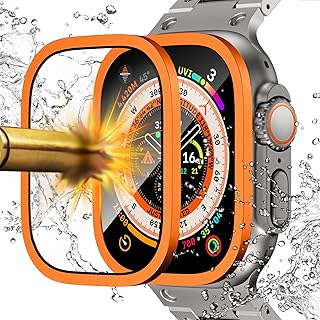 NewWays Apple Watch Ultra 49mm Tempered Glass Screen Protector with Titanium Alloy Case, Full Coverage Bubble Free Anti-Scratch Waterproof HD Film for iwatch Ultra 49mm, Orange