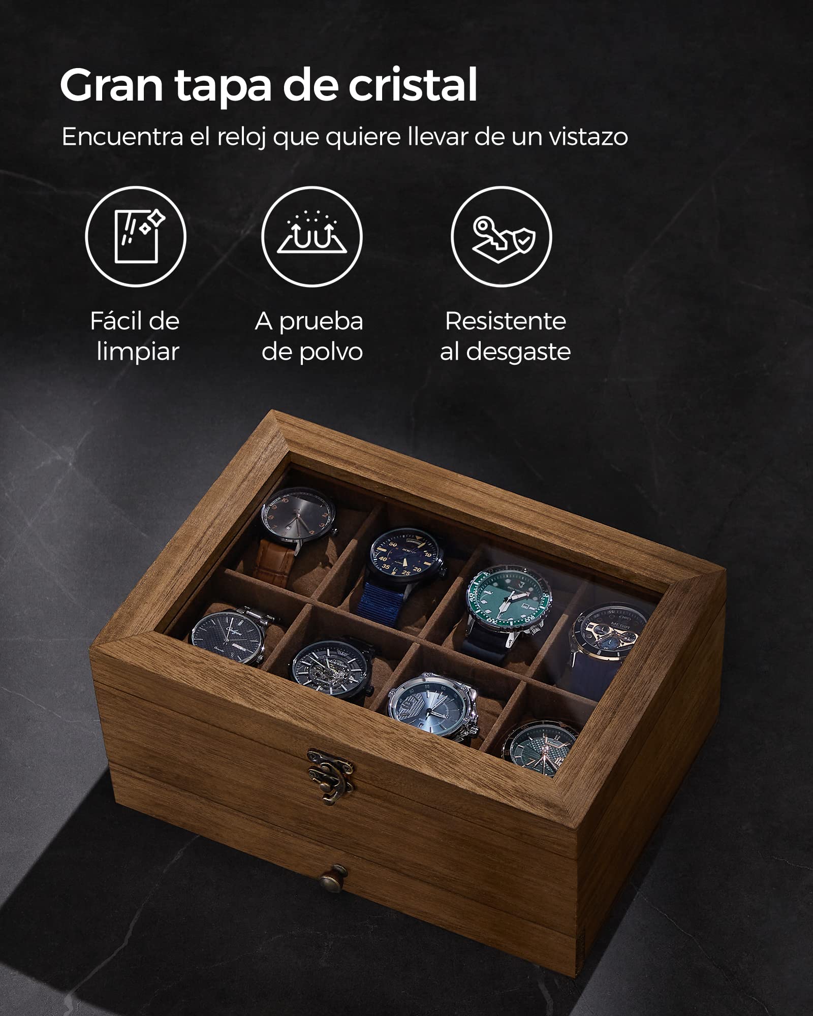 SONGMICS GISELLA Caja de Relojes 8 Ranuras Estuche Madera 2 Niveles Tapa Cristal Nogal Rústico