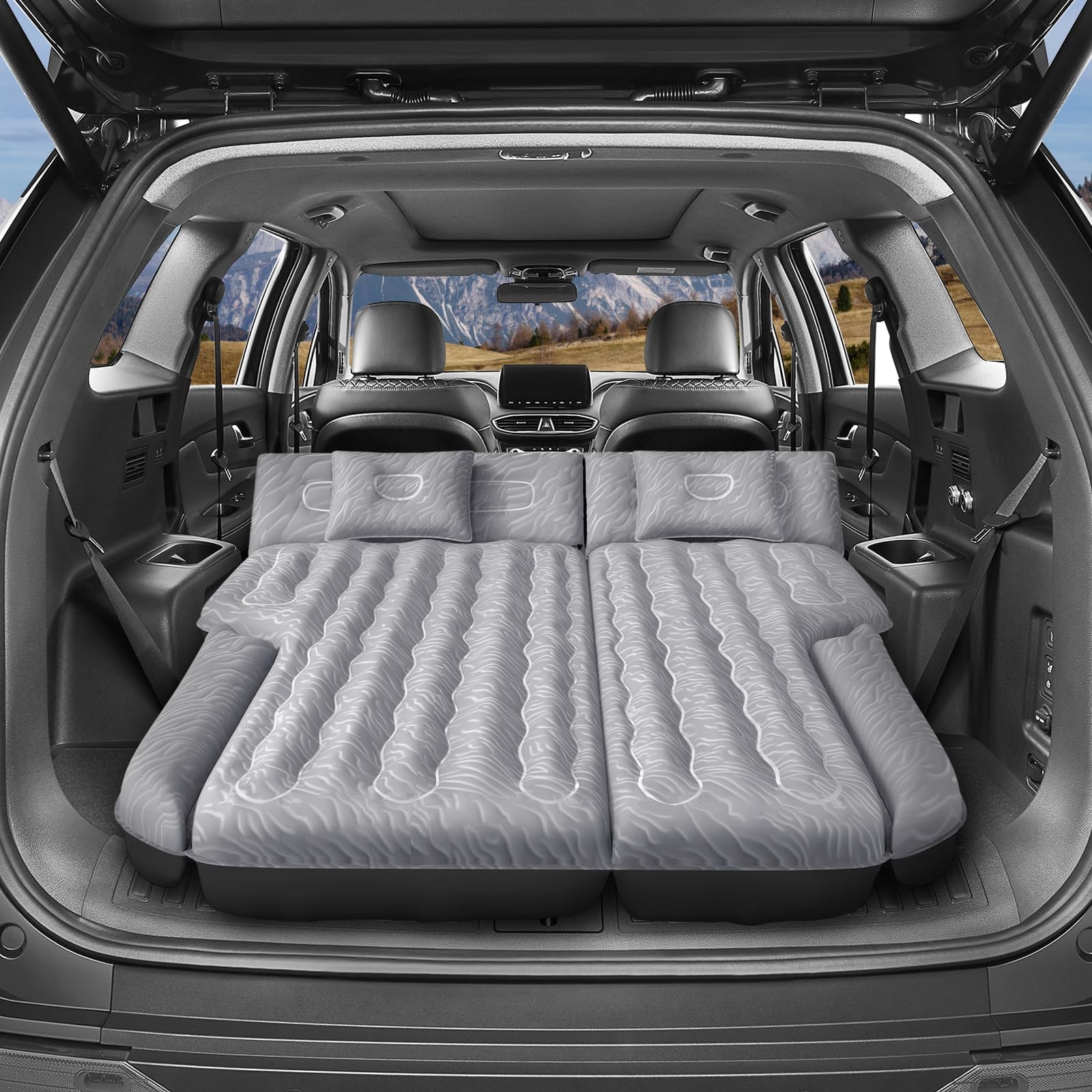Car Air Mattress, Inflatable SUV Truck Air Mattress Back Seat Camping Bed Thickened Car Sleeping Pad for Travel, Car Bed SUV Mattress with Air Pump 2 Pillows: Silver Grey SUV Air Mattress