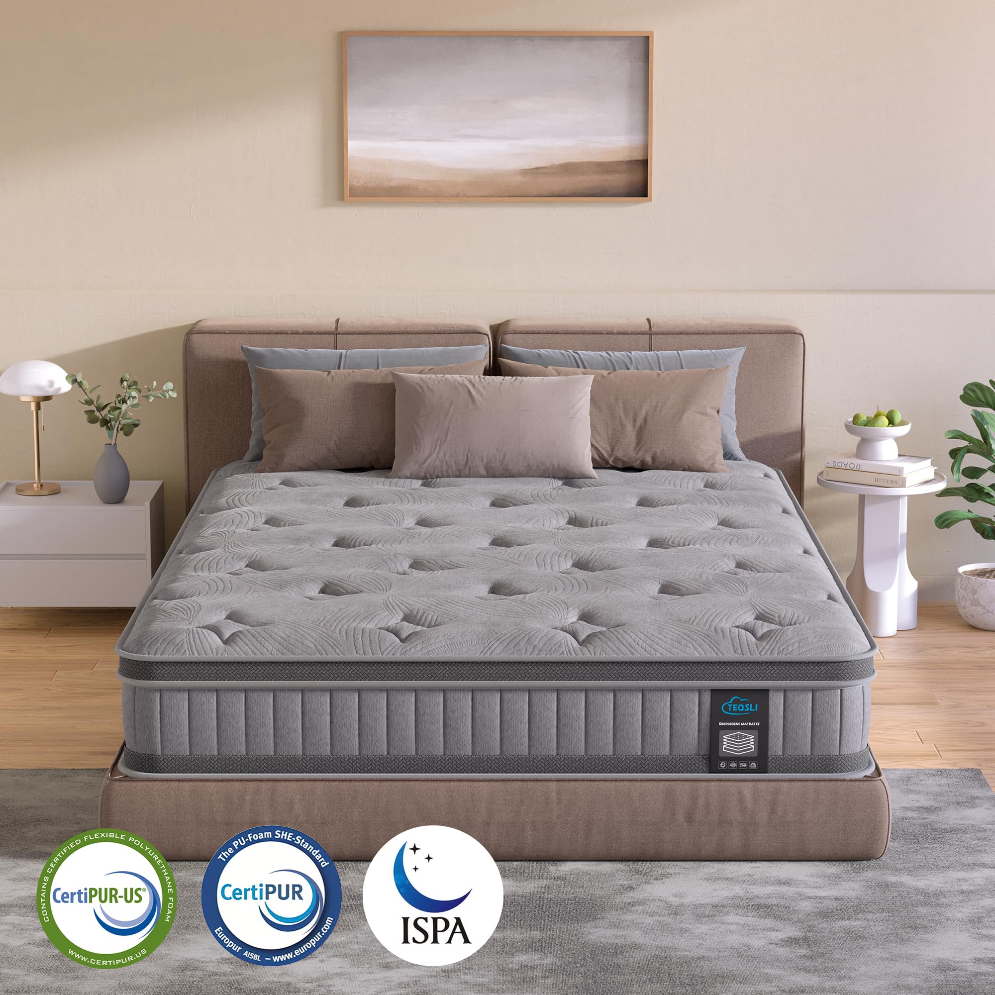 TeQsli Gel Taschenfederkernmatratze 140x200 cm H3 mittelfest 25 cm Höhe, Ergonomische 9-Zonen Matratze mit Gel Memory Schaum für Rückenunterstützung & Druckentlastung, Öko-Tex & CertiPUR Zertifiziert