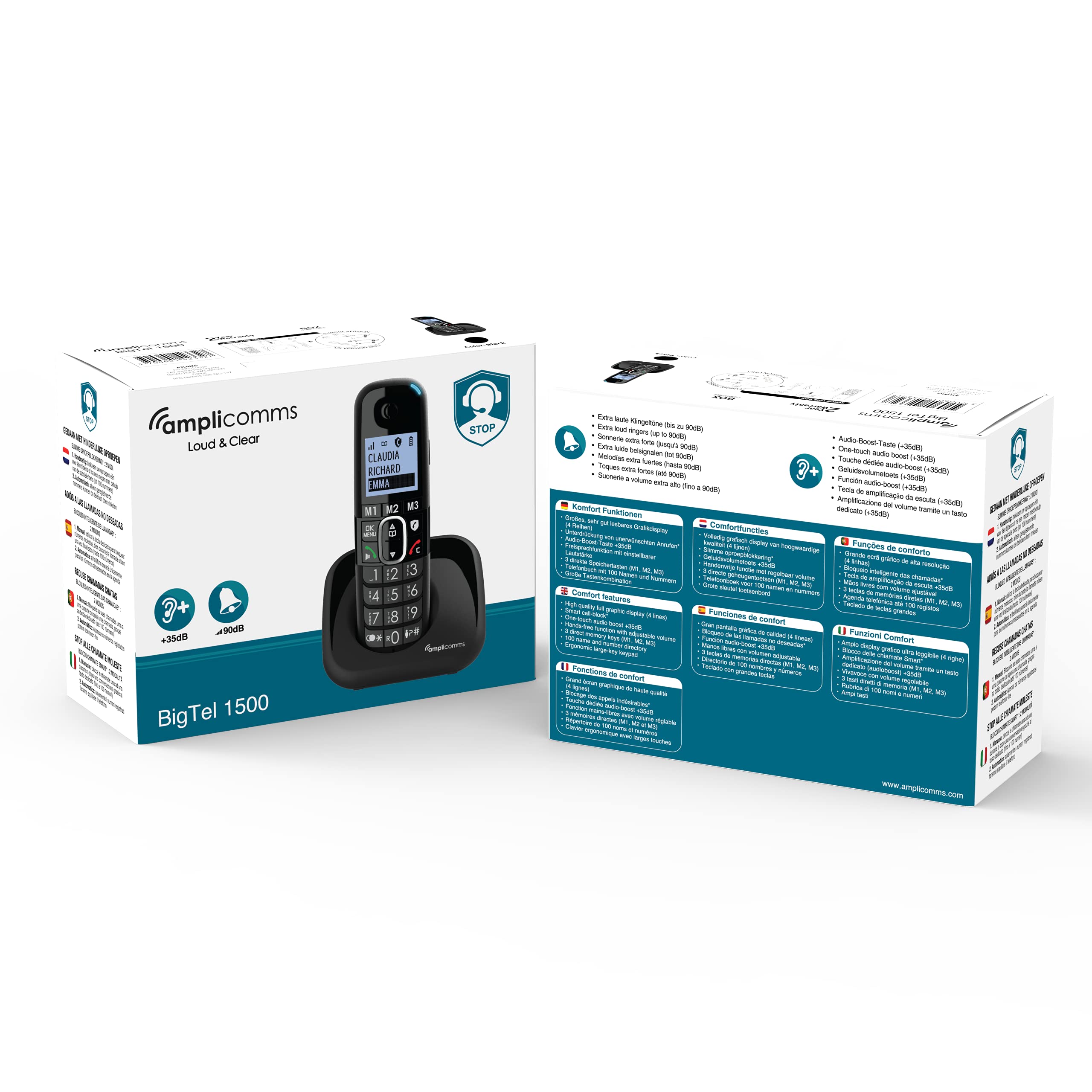 Amplicomms per Delta Telefono Cordless Amplificato per Anziani Suoneria Forte 90 Db, Volume Alto 35 Db, Pulsante Boost, Vivavoce, Call Blocker programmabile per blocco chiamate indesiderate