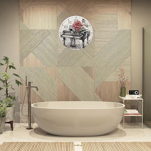 Miniatura 5 de Reloj de pared de piano vintage, silencioso sin tictac, música de rosas, reloj analógico, funciona con pilas, decorativo para sala de estar,