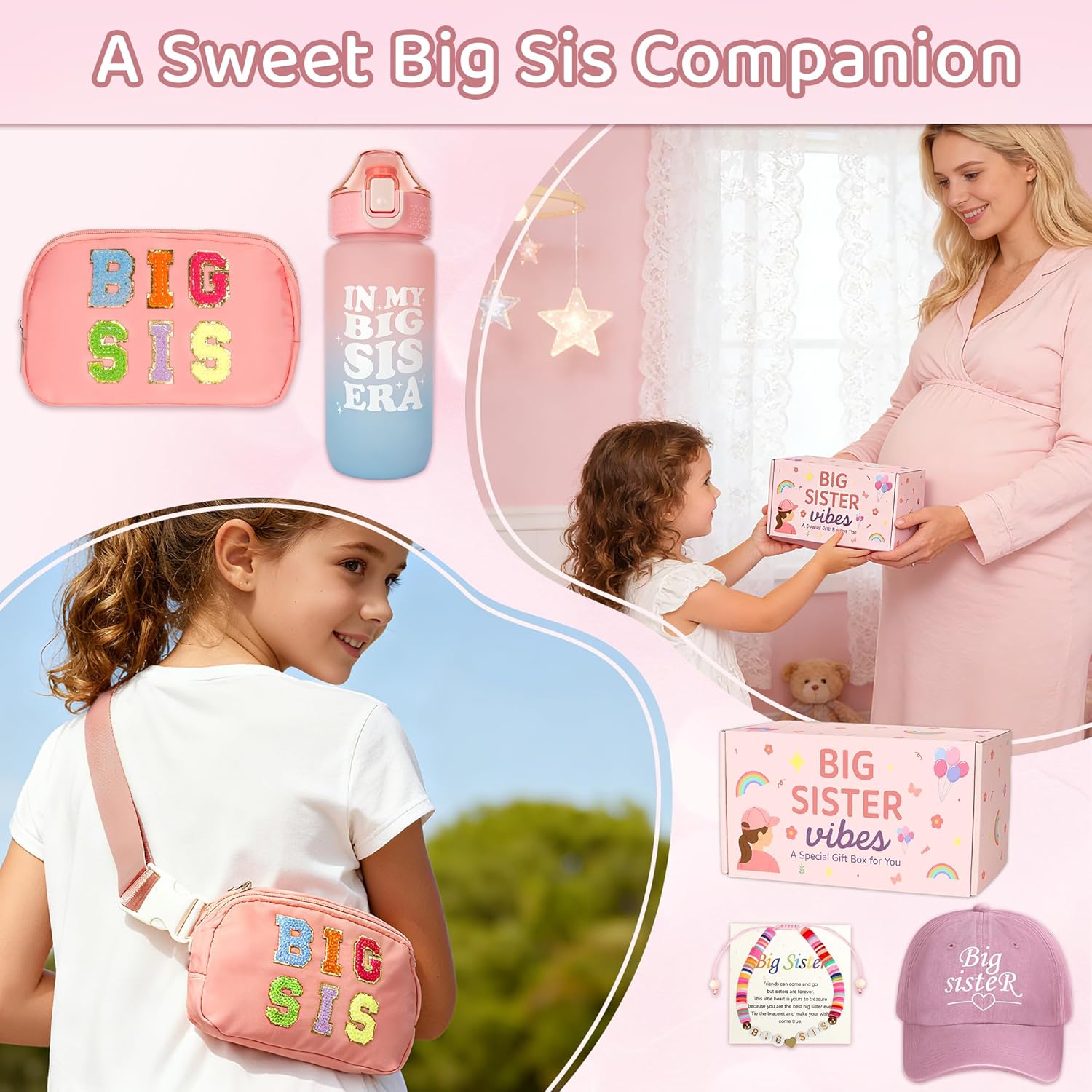 Big Sister Gifts for Girls – 4PCS Big Sister Gift Set with Cap, Fanny Pack, Water Bottle & Bracelet – Birthday Present or New Baby Sibling Gift