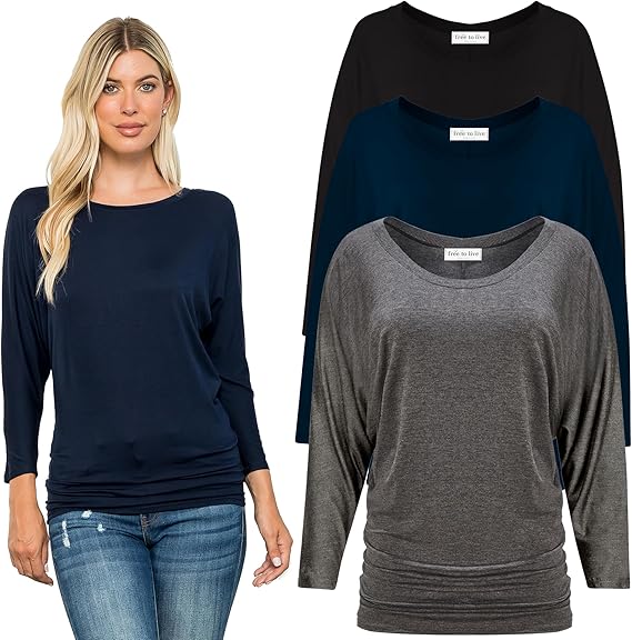 Free to Live 3 Pack 3/4 Sleeve Casual Women's Dolman Tops