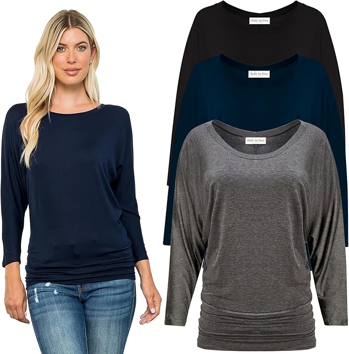 Free to Live 3 Pack 3/4 Sleeve Casual Women's Dolman Tops