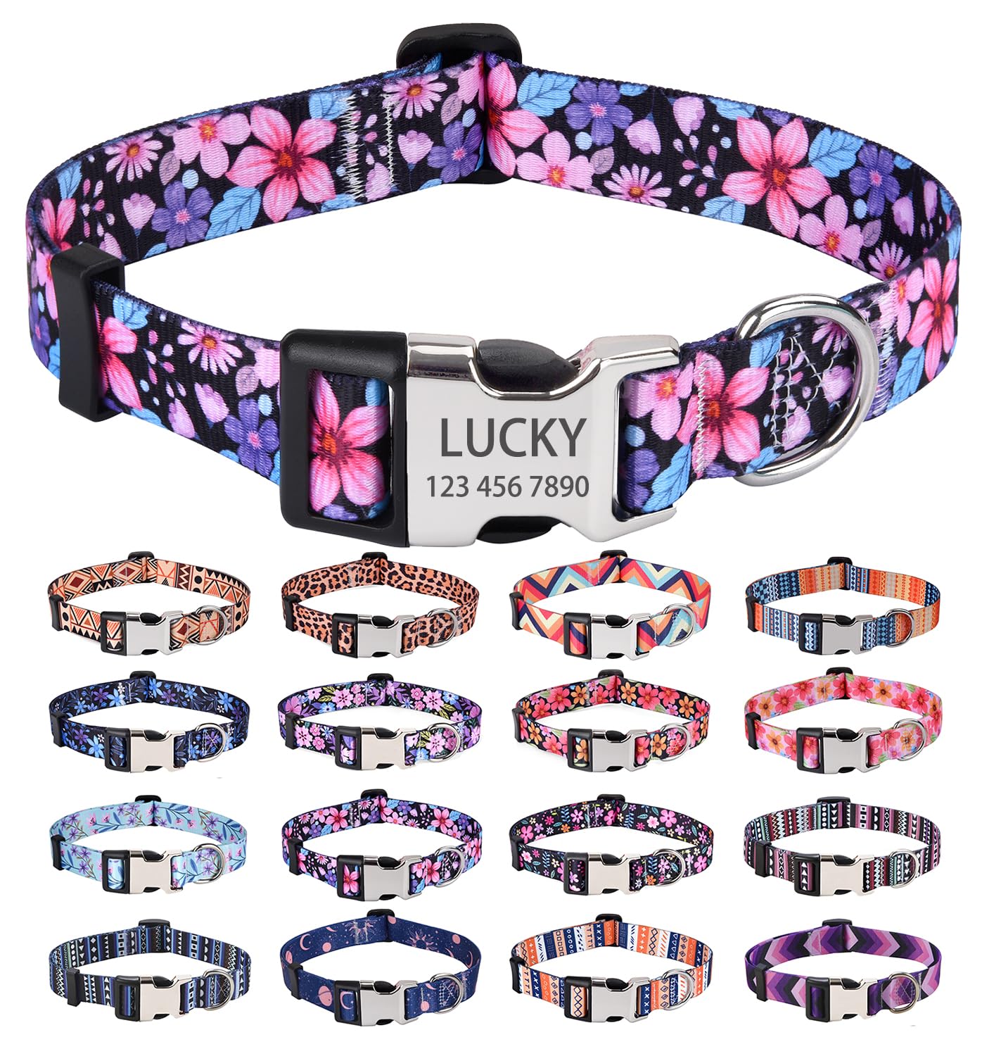 HQYDDMI Personalized Dog Collars - Customized Floral Geometry Dog Collar with Name and Phone Number - Adjustable for Small Medium Large Male Female