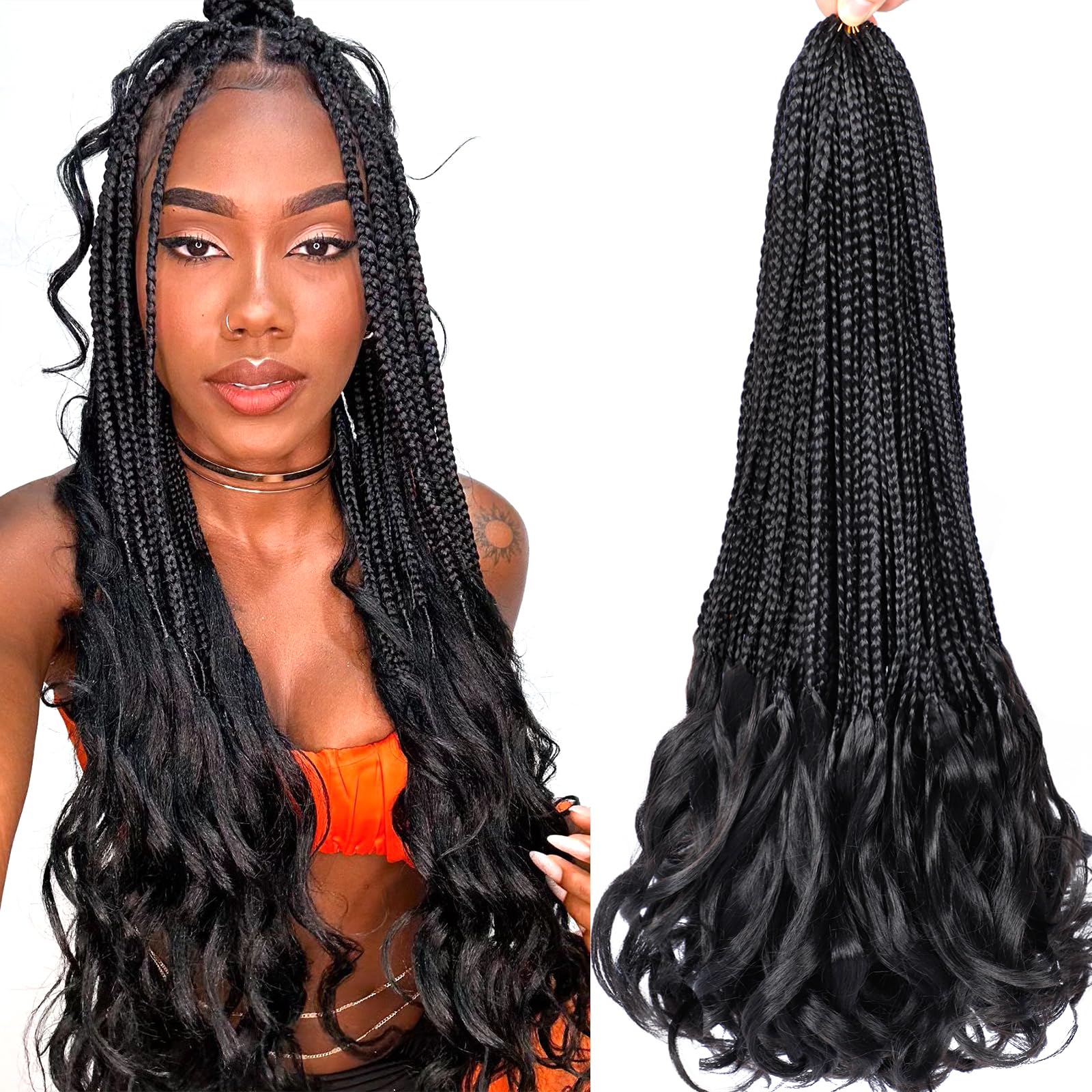 French Curl Crochet Braids 24 Inch Goddess Box Braids Crochet Hair for Women 8 Packs Pre Looped Crochet Box Braid with Curly Ends Synthetic French
