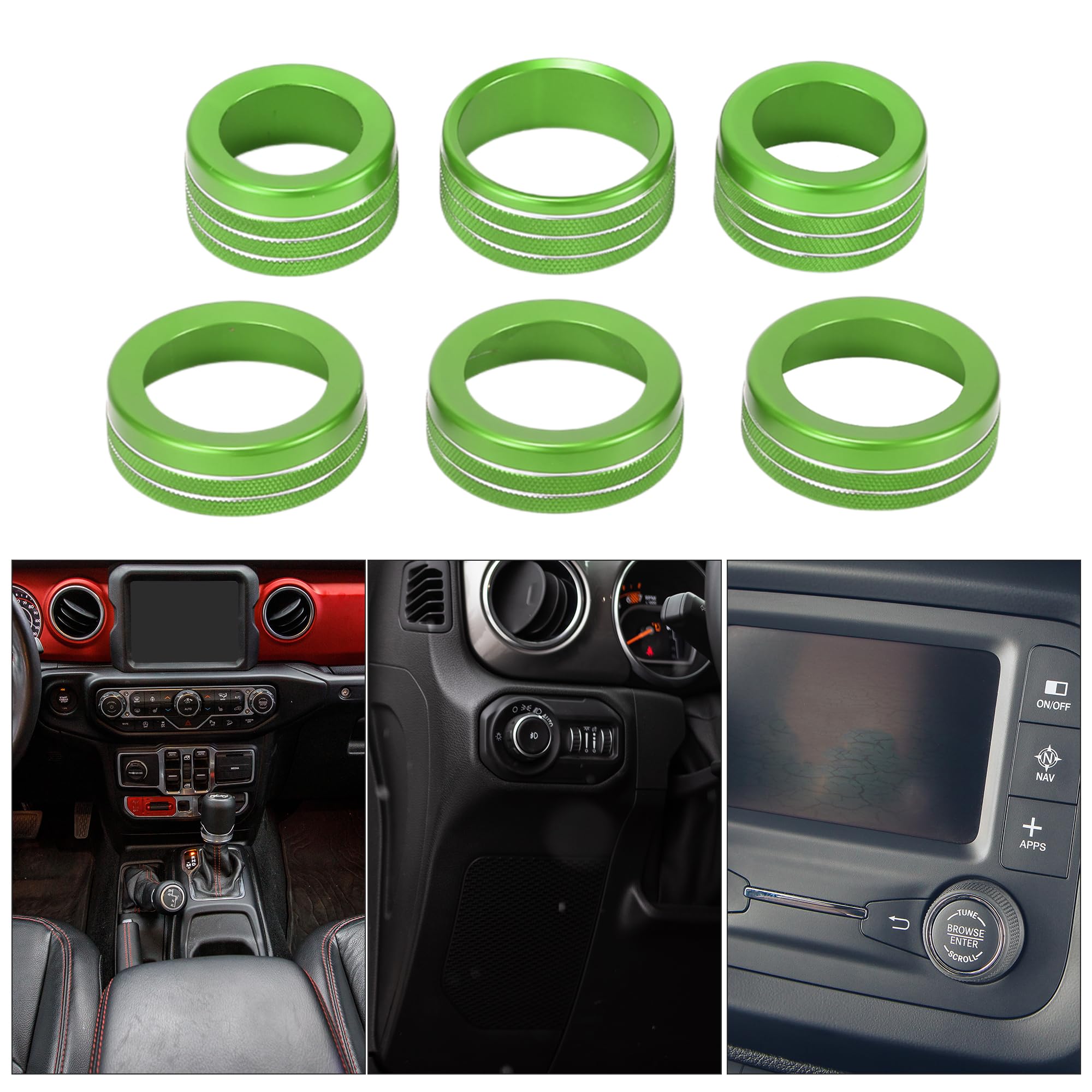 Partuto AC Air Conditioner Headlight Media Control Switch Knob Cover Ring - Car Interior Decal Trim - for Jeep Wrangler 2018-2023 Aluminum Alloy Green