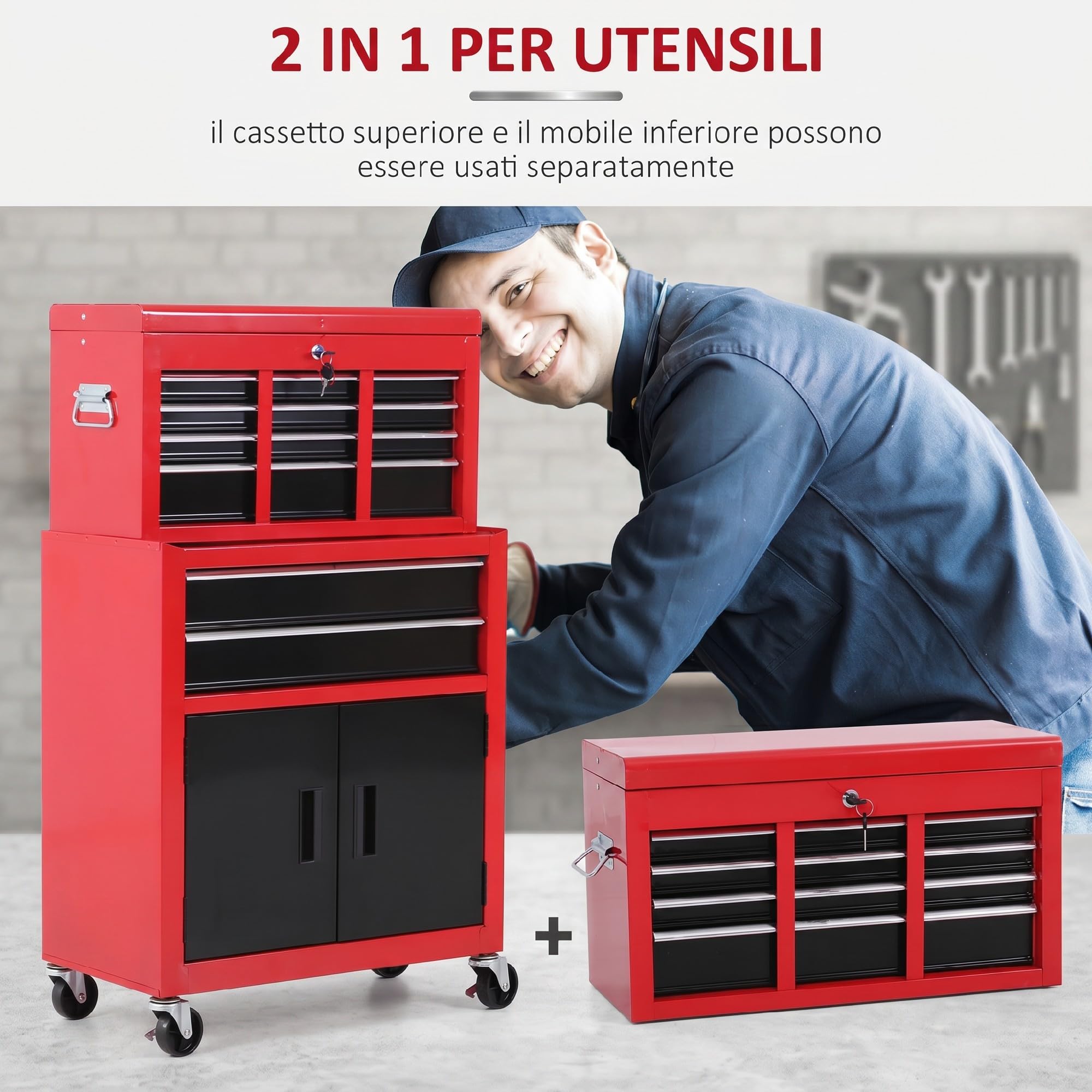 HOMCOM Carrello Portautensili 2 in 1 con 6 Cassetti e Armadietto Rimovibile, Carrello Porta Attrezzi con Serratura e Ruote, Cassettiera Officina in Acciaio per Garage 61.6x33x108 cm Rosso